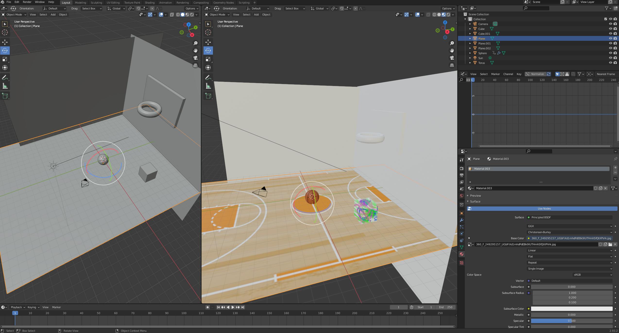 Blender workspace, with two views - rendered and not - of a basketball in a basketball court