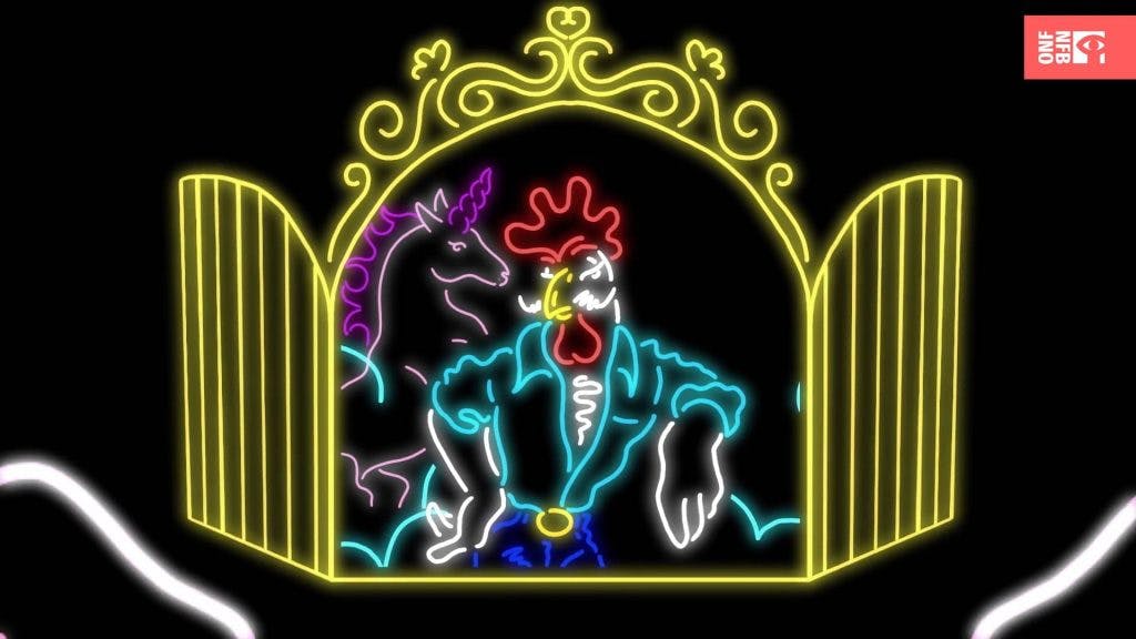 drawn in neon lights of a rooster and a unicorn looking towards the audience through a window