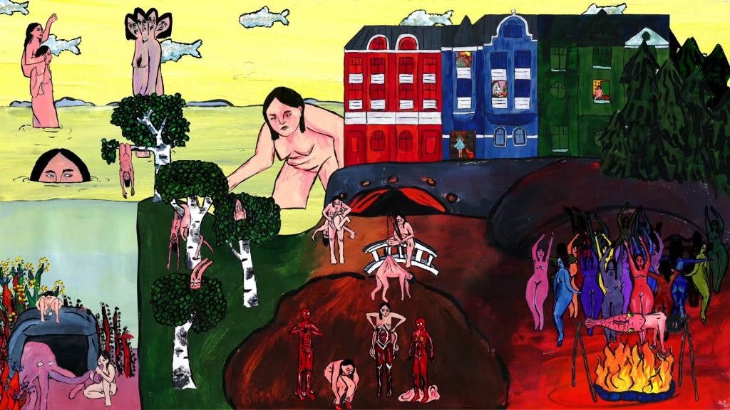 Still from Barbeque by Jenny Jokela. A painted illustration featuring nude women in a variety of surreal settings.