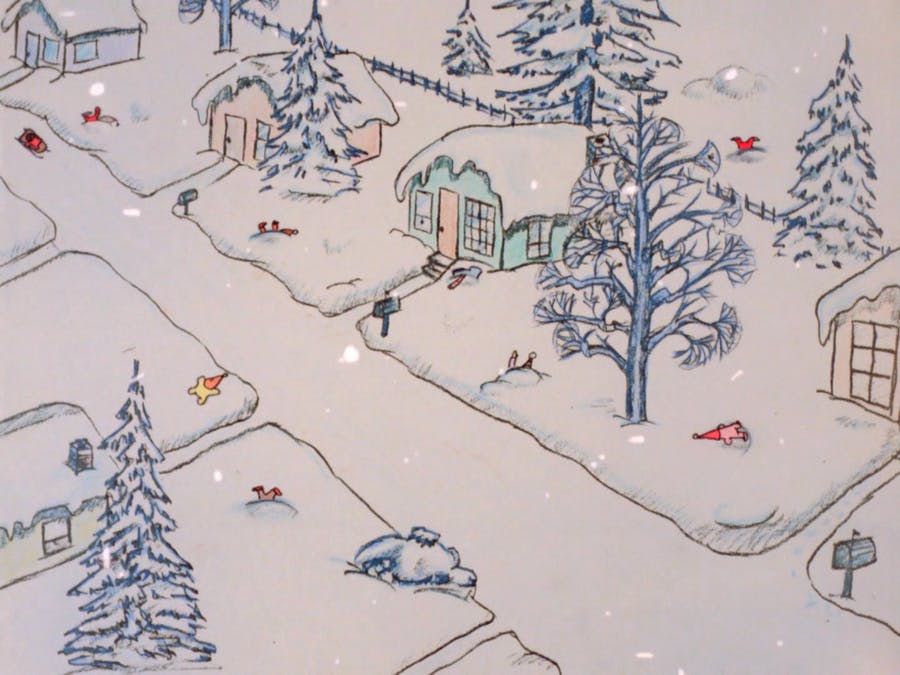 A still from Pete Docter's Winter (1988). A winter scene with houses on a street, and many kids in snowsuits in their front yards struggling to move due to the restrictions of the clothes their parents shoved them into
