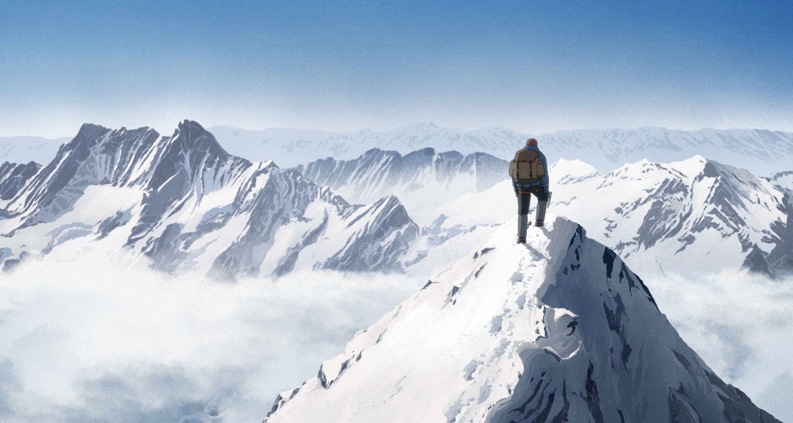 A lone figure stands at the peak of a snow-capped mountain