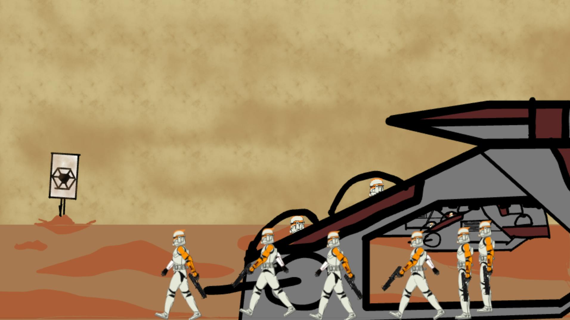 Image of an alien planet and 8 Stormtroopers are marching out of a space ship. There's a sign on the planet that shows the symbol of the Separatists