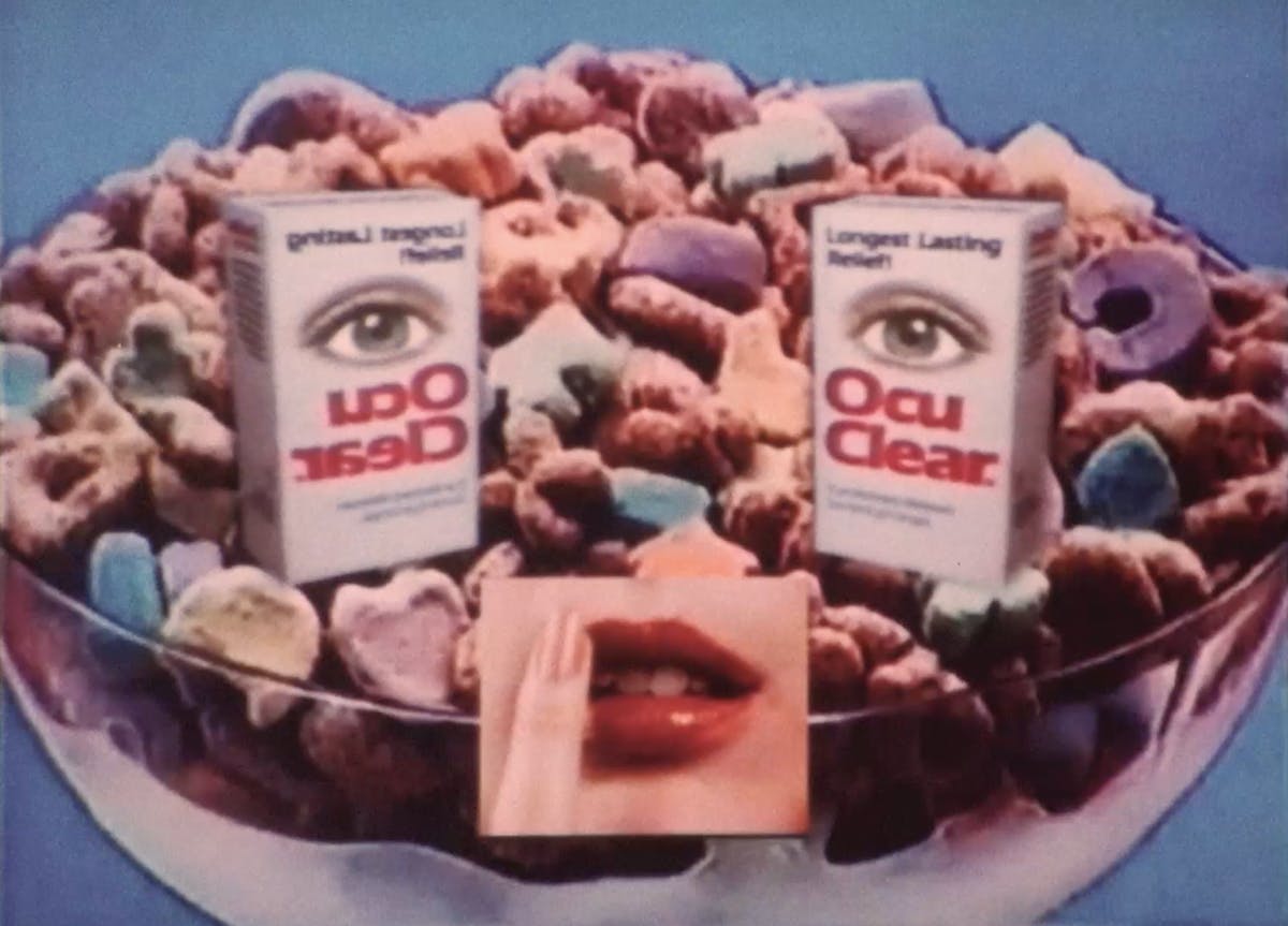 A collage "face" made of a cereal bowl, two Ocu Clear boxes, and a mouth from a magazine ad.