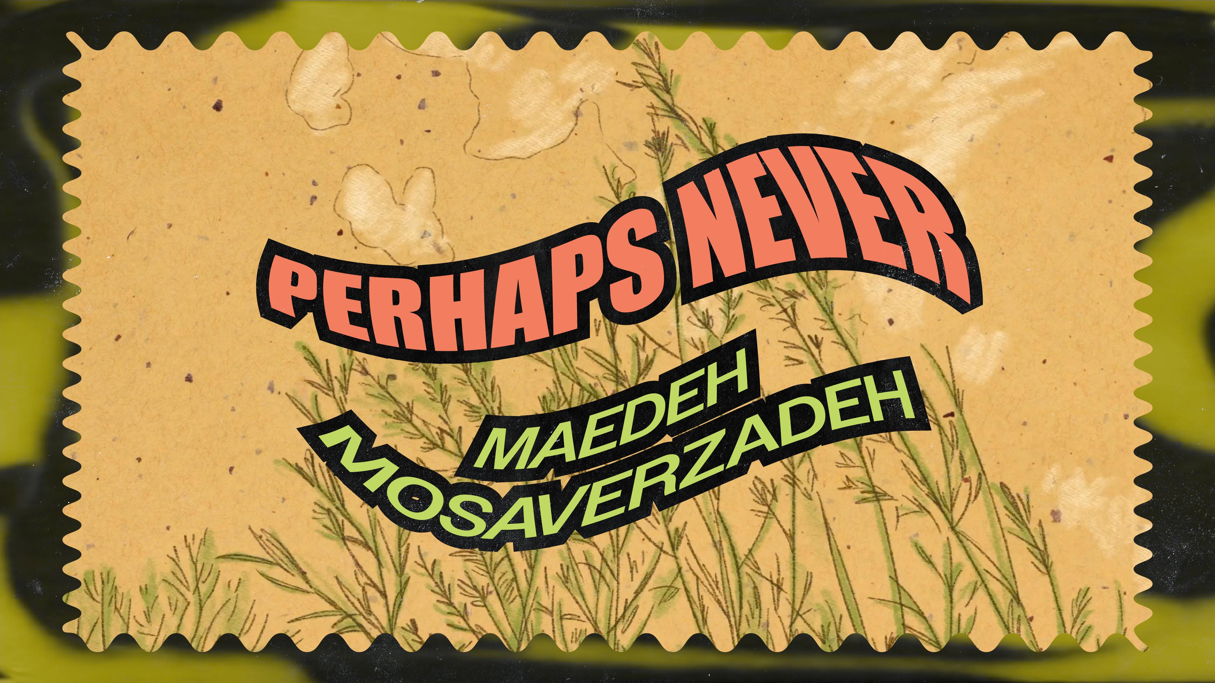 Screenshot from Maedeh Mosaverzadeh's Perhaps Never (2023) - image of grasses blowing in the wind drawn on manila paper. Bordered by the QAS Animation Lockdown 2023 colours, and with the words "PERHAPS NEVER MAEDEH MOSAVERZADEH" written on top. 