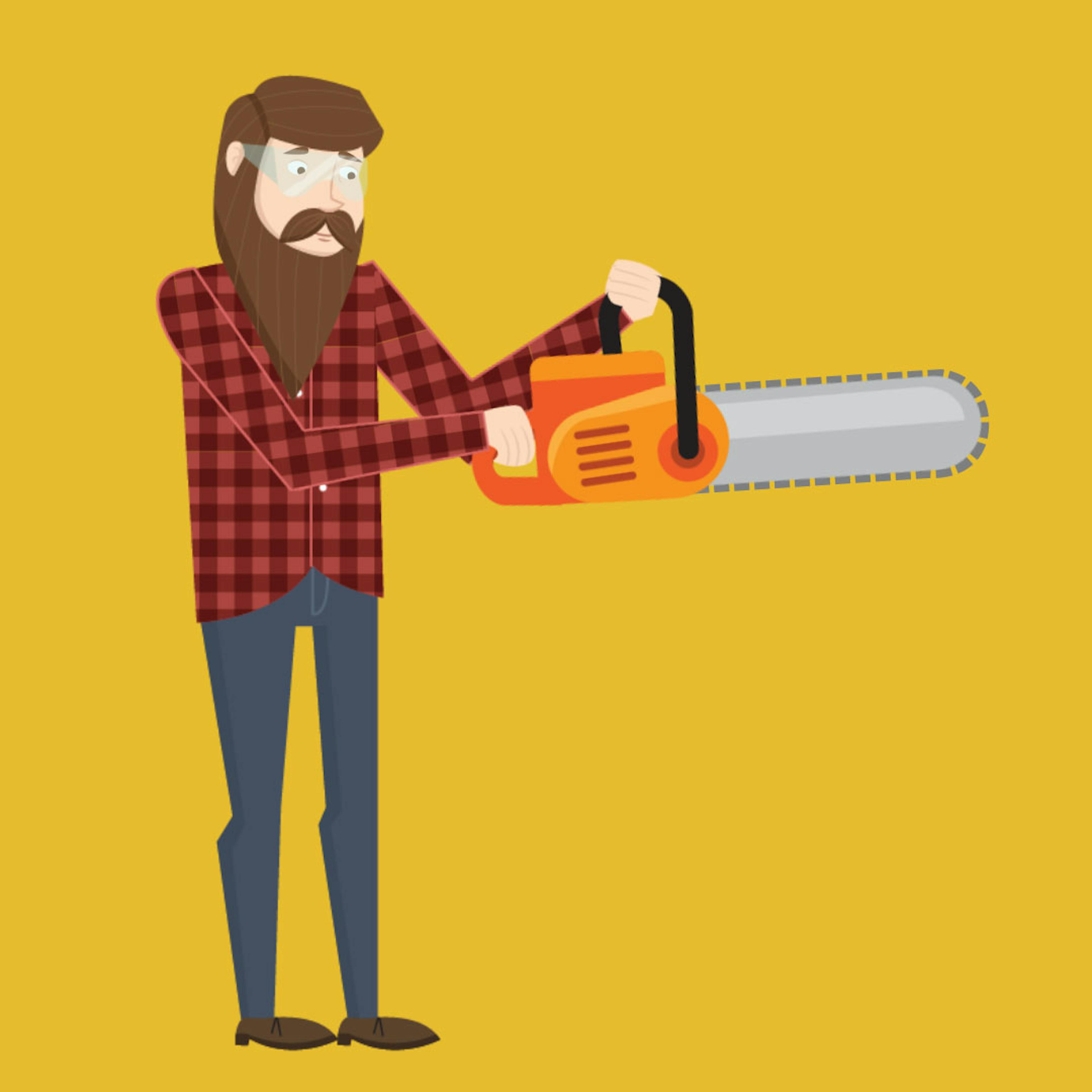 A bearded man in a plaid shirt holds a chainsaw