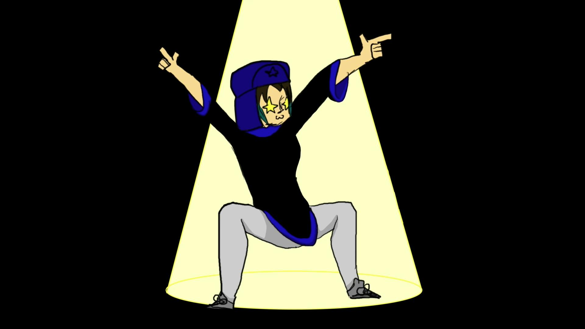 drawing of an animated character in a spotlight, hands extended in a victory pose. They have stars in their eyes