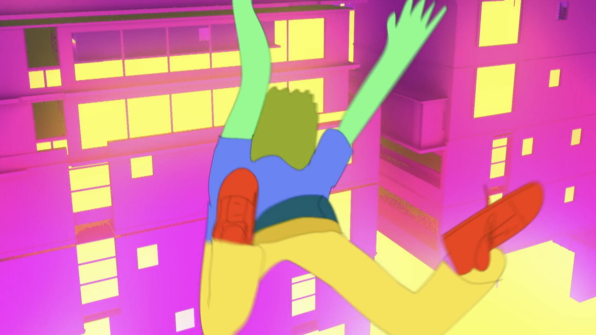 A green-skinned person flails their limbs while falling through the air
