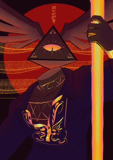 Illustration of a pyramid-headed being holding a glowing staff, by Cholo Cabarroguis