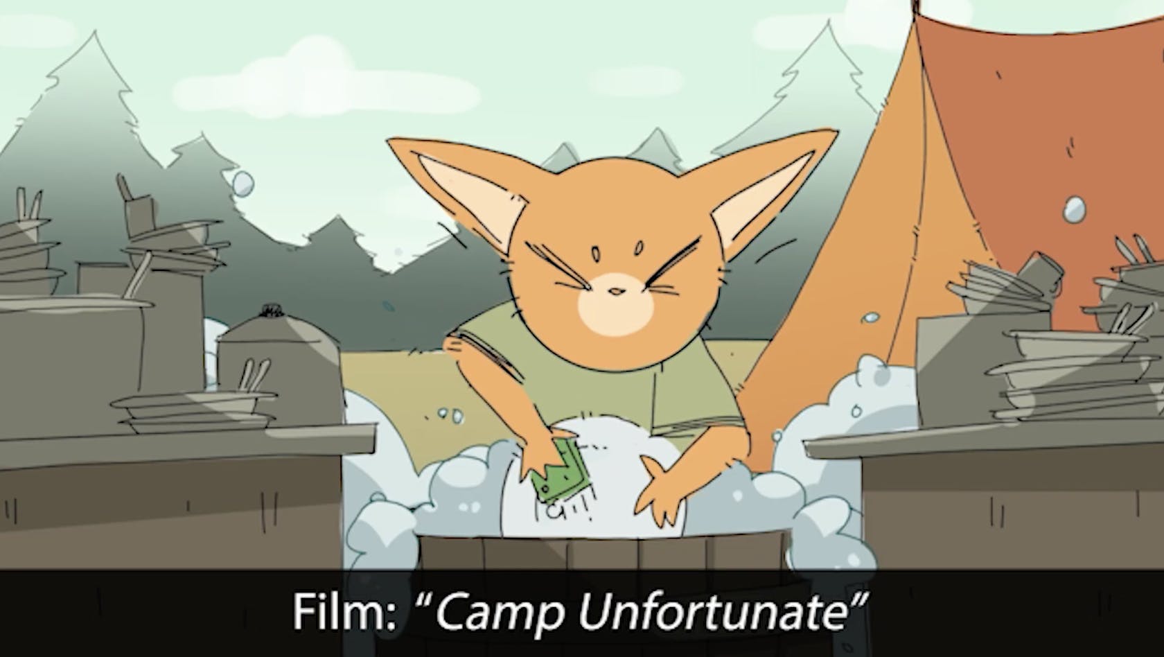 A fox scrubs dishes in front of a tent, with text at the bottom reading "Film: Camp Unfortunate"