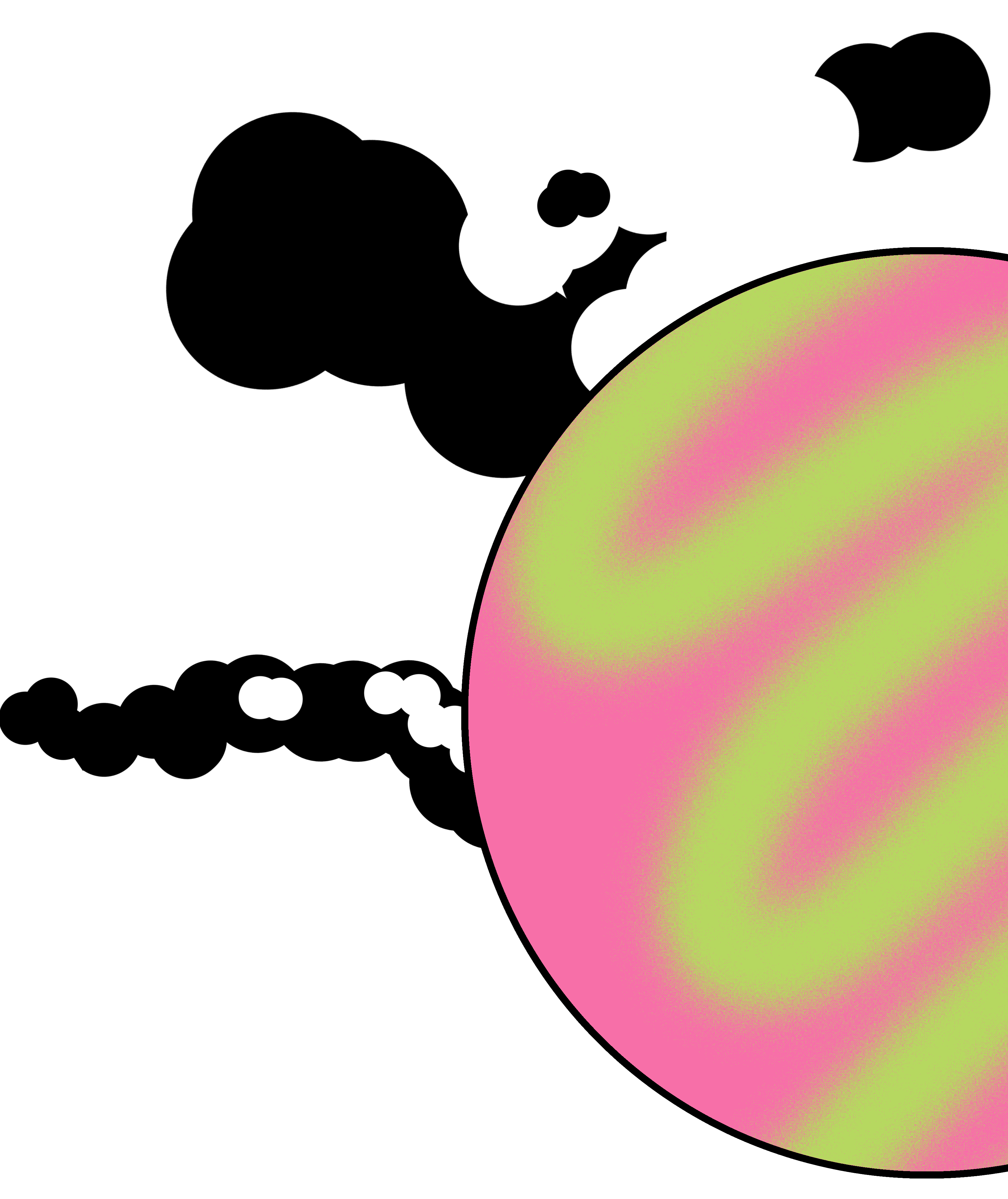 Image of Hamish made out of circles hiding behind a pink circle with a green swoosh on it