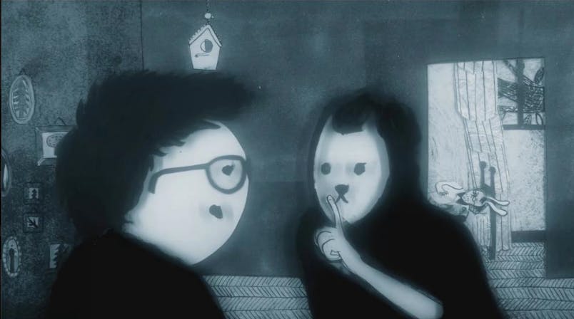 black and white image of a boy with glasses looking at a figure wearing a dog mask. The masked figure is holding up their finger as if to Shush the main character. Everything is slightly blurred.