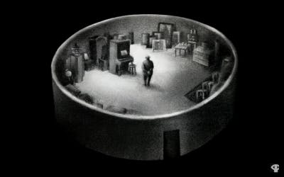 image of a man standing in a room with minimal furniture. A piano, some discarded picture frames. The room is framed as a circle, and we're looking in it from a god-like view above. All in black and white