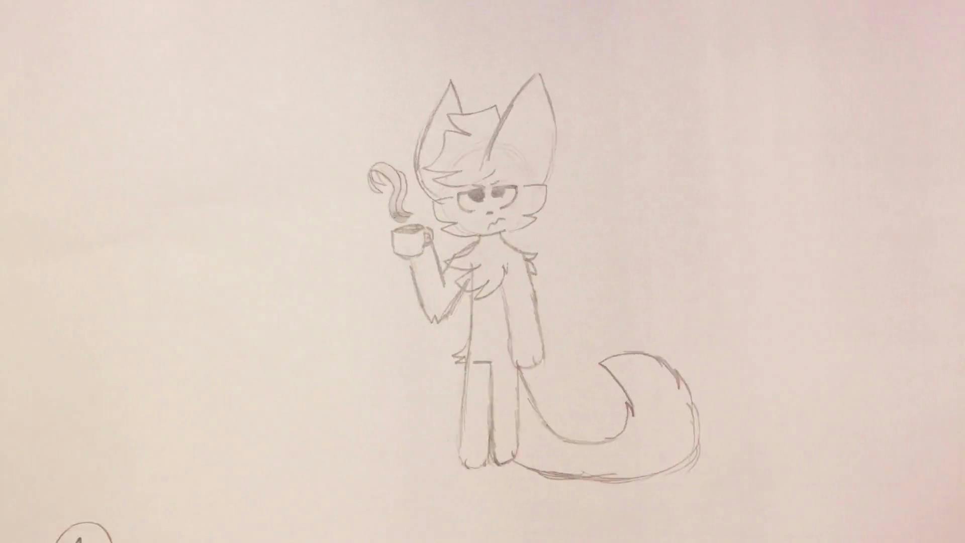drawing of a cat character who looks grumpy, holding a cup of coffee
