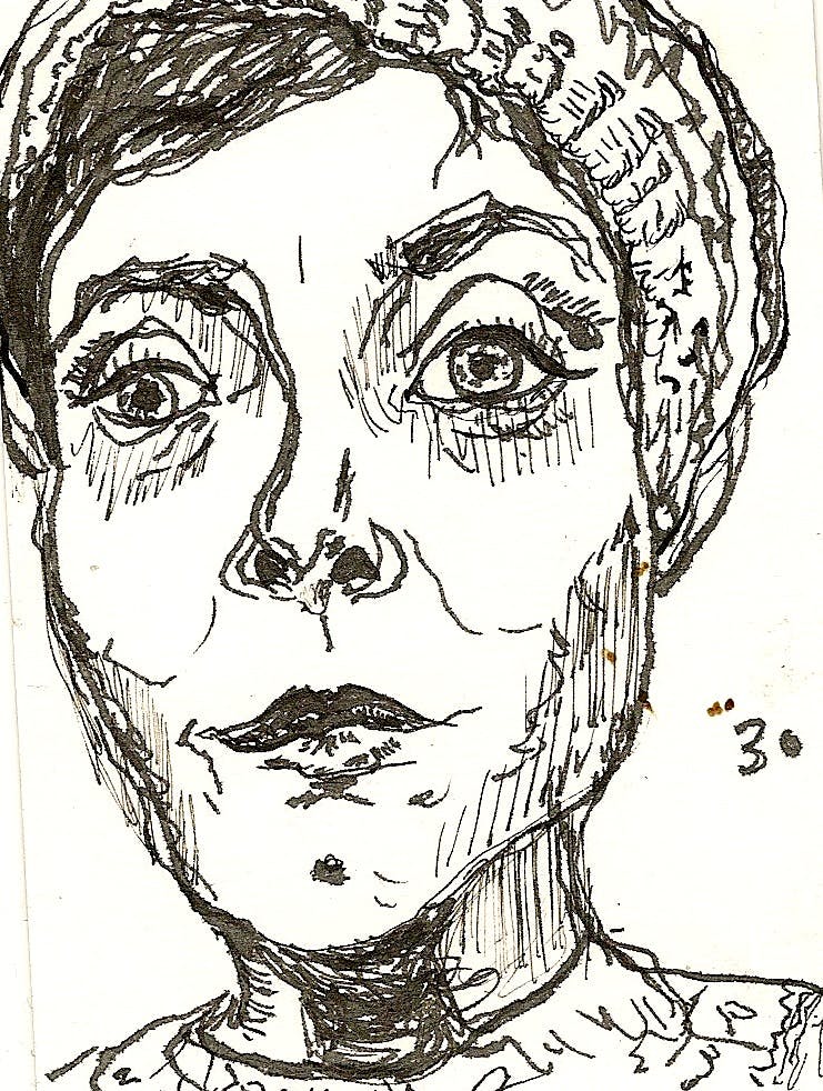 sketched headshot of Rachel Evans. All contour lines, person wearing a beanie hat