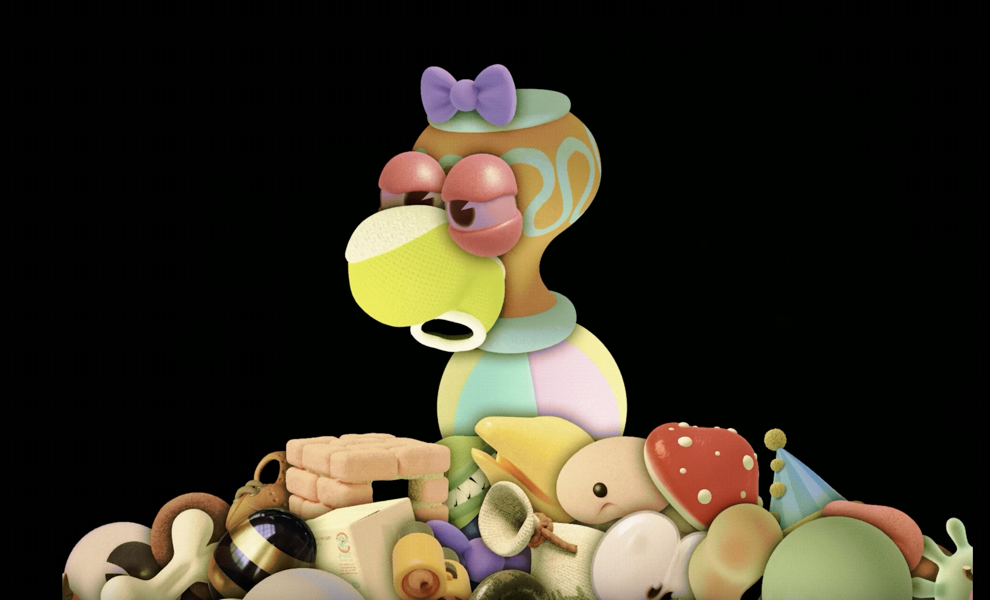 a pile of miscellaneous goodies lay in a pile around a figure made up of an upsidedown vase, a bow, two eyeballs, an upsdiedown shoe, and a beach ball