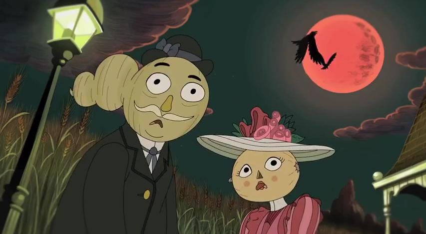 A gloomy image of a street. A red moon in the background has a raven fly across it. 
There are two citizens looking frightened towards the camera. They are wearing old-time clothes (Bowler hat, suit, large sun hat and high-collared dress) and their heads are gourds
