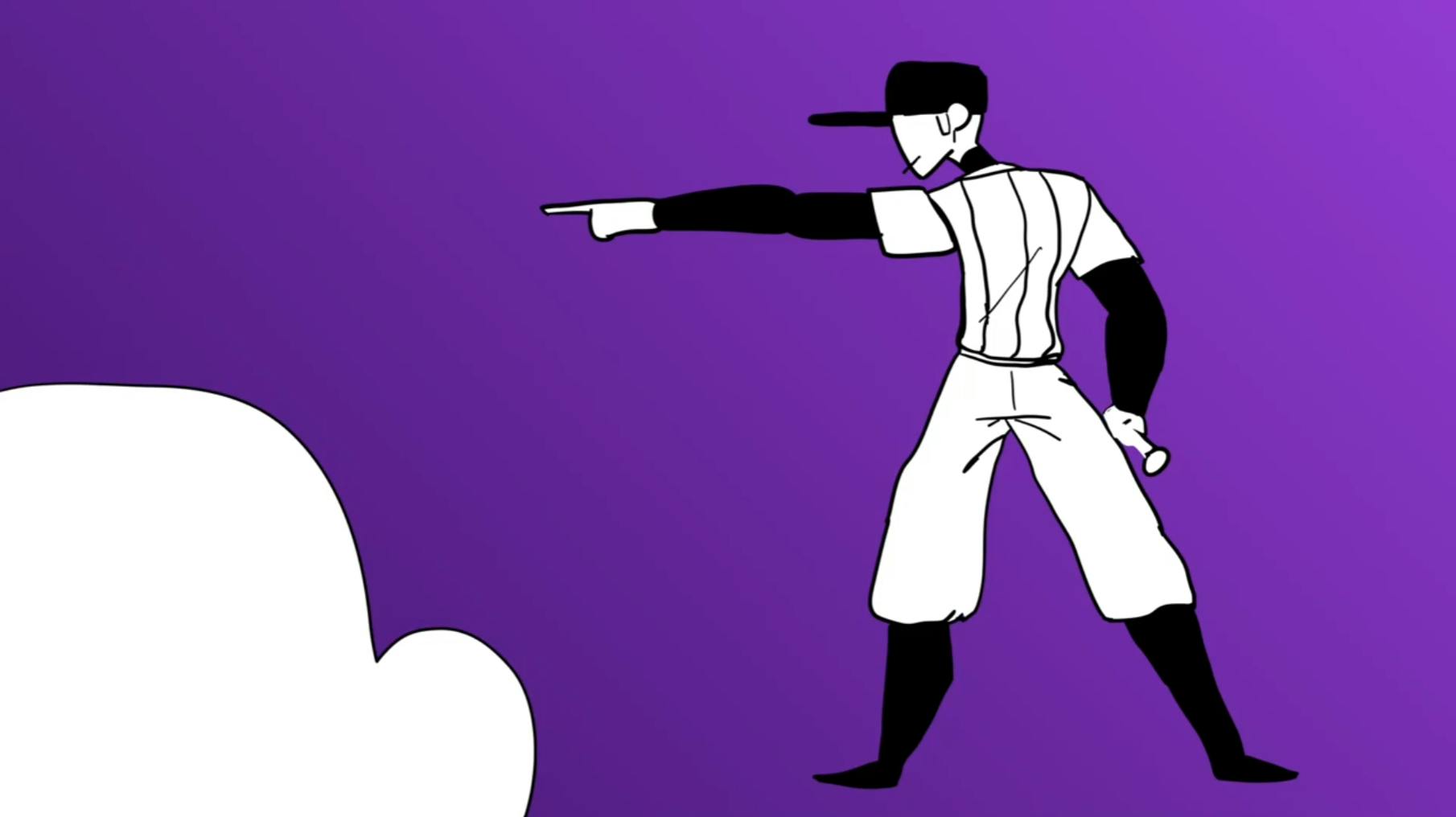 background is purple, and a drawn character in a baseball outfit is pointing to the left. A silhouette of a person is in the foreground in the bottom left