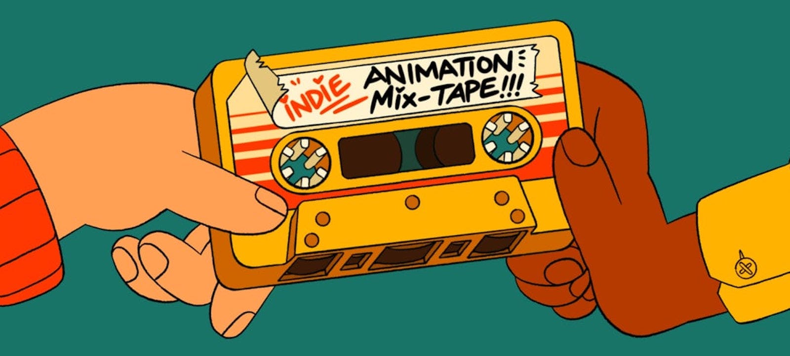 Two animators pass a tape labeled 'Indie Animation Mix-Tape!!!' between each other