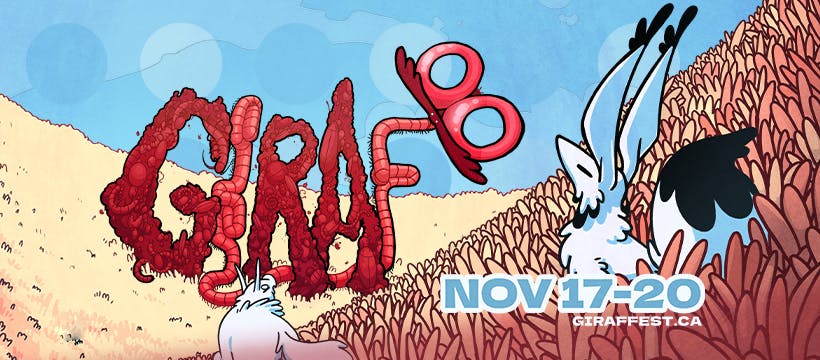 giraf 18 poster in Facebook banner mode. A small fox-like creature looks at the pile of giant bugs spelling out "GIRAF18"