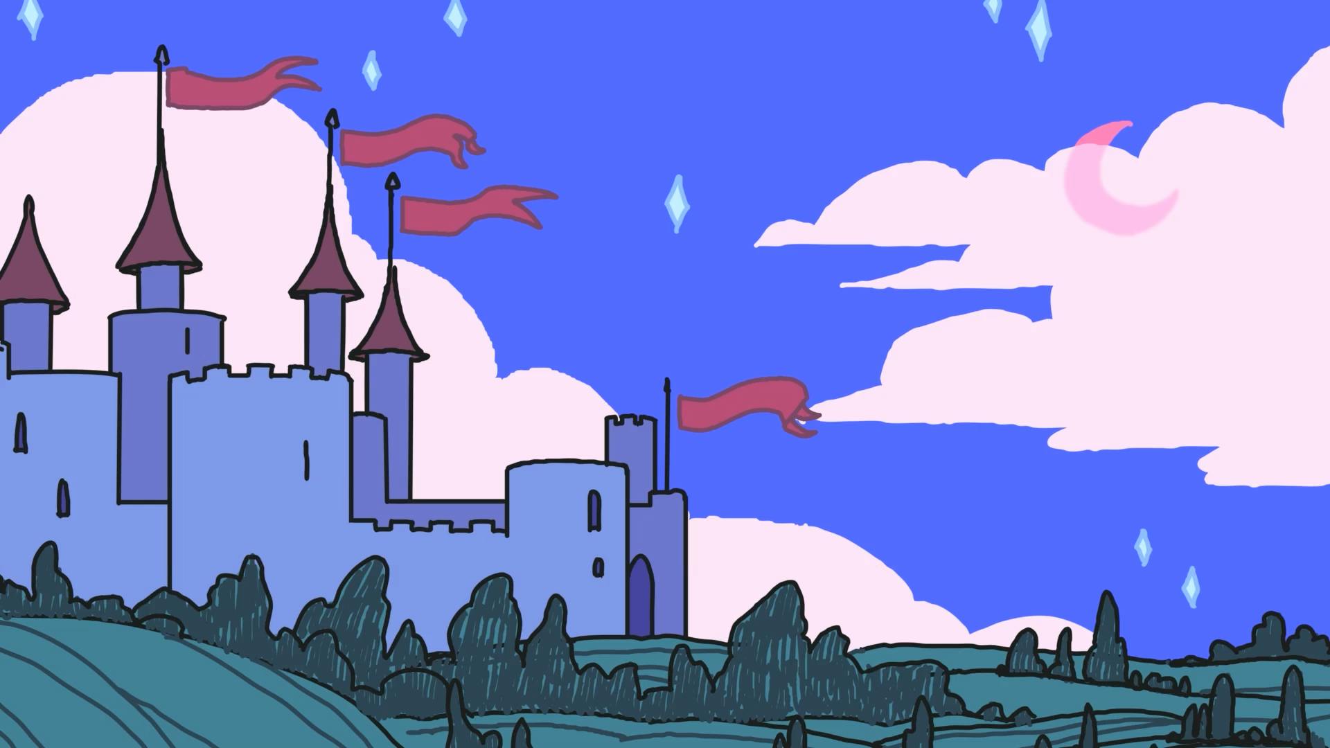 Illustration of a castle, the flags blowing in the wind and a moon is out. 