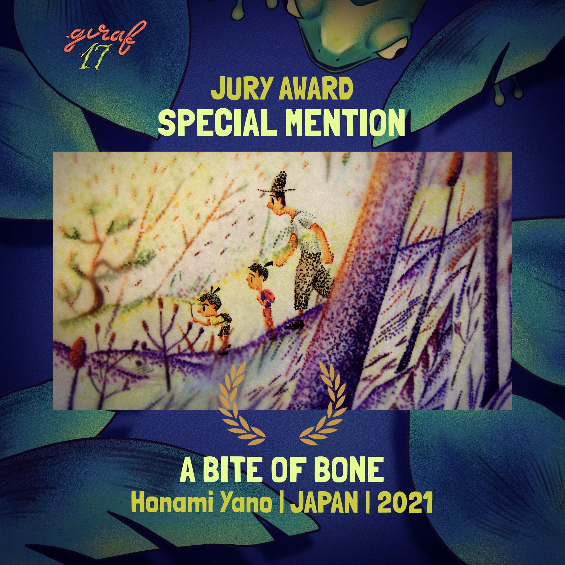An adult and two children walk through the woods. Surrounding text: GIRAF17 Jury Award; Special Mention; A Bite of Bone; Honami Yano; Japan; 2021