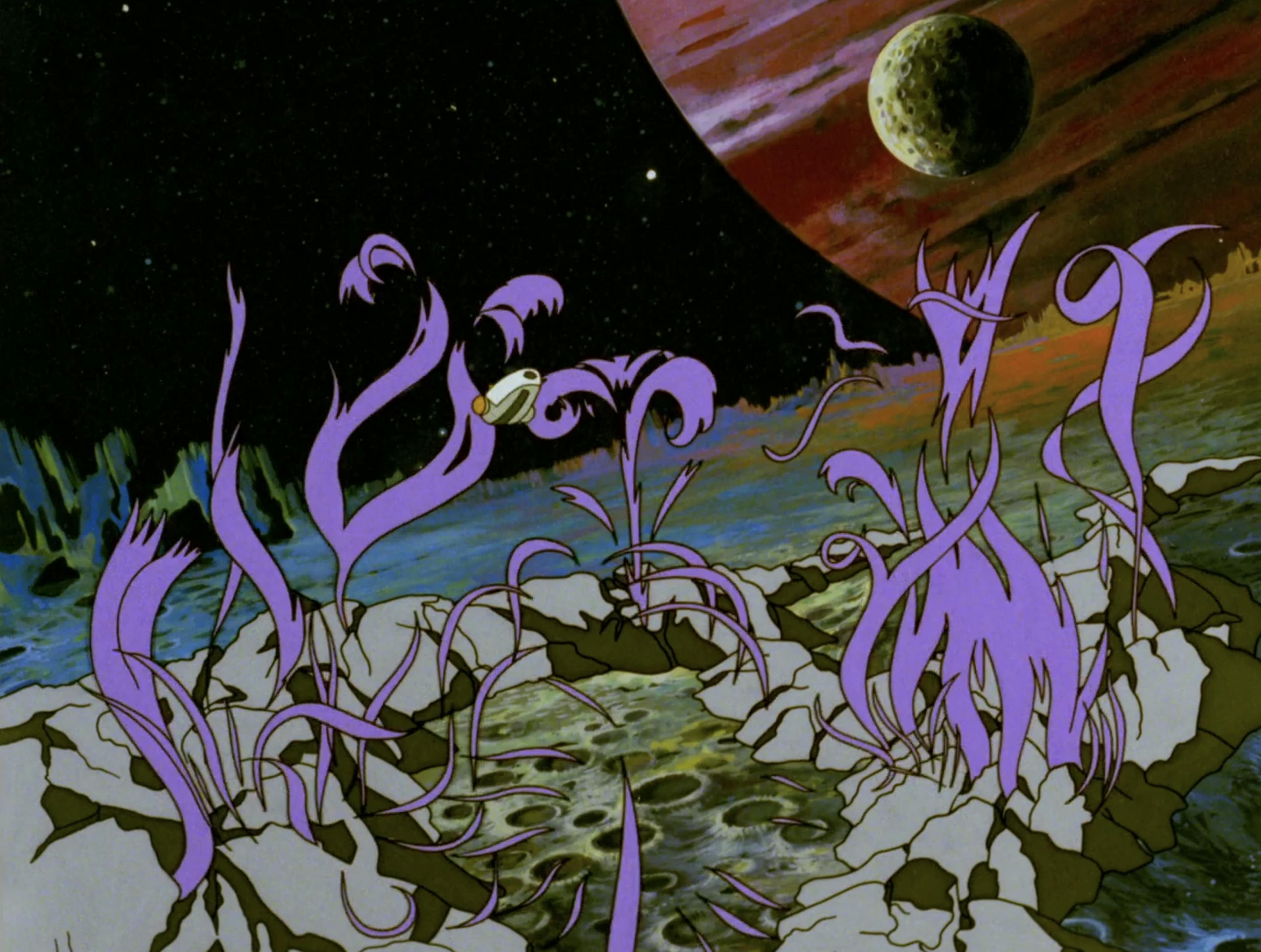 A spaceship lands on the cratered surface of an alien world. Large purple tendrils swirl through the air around it.