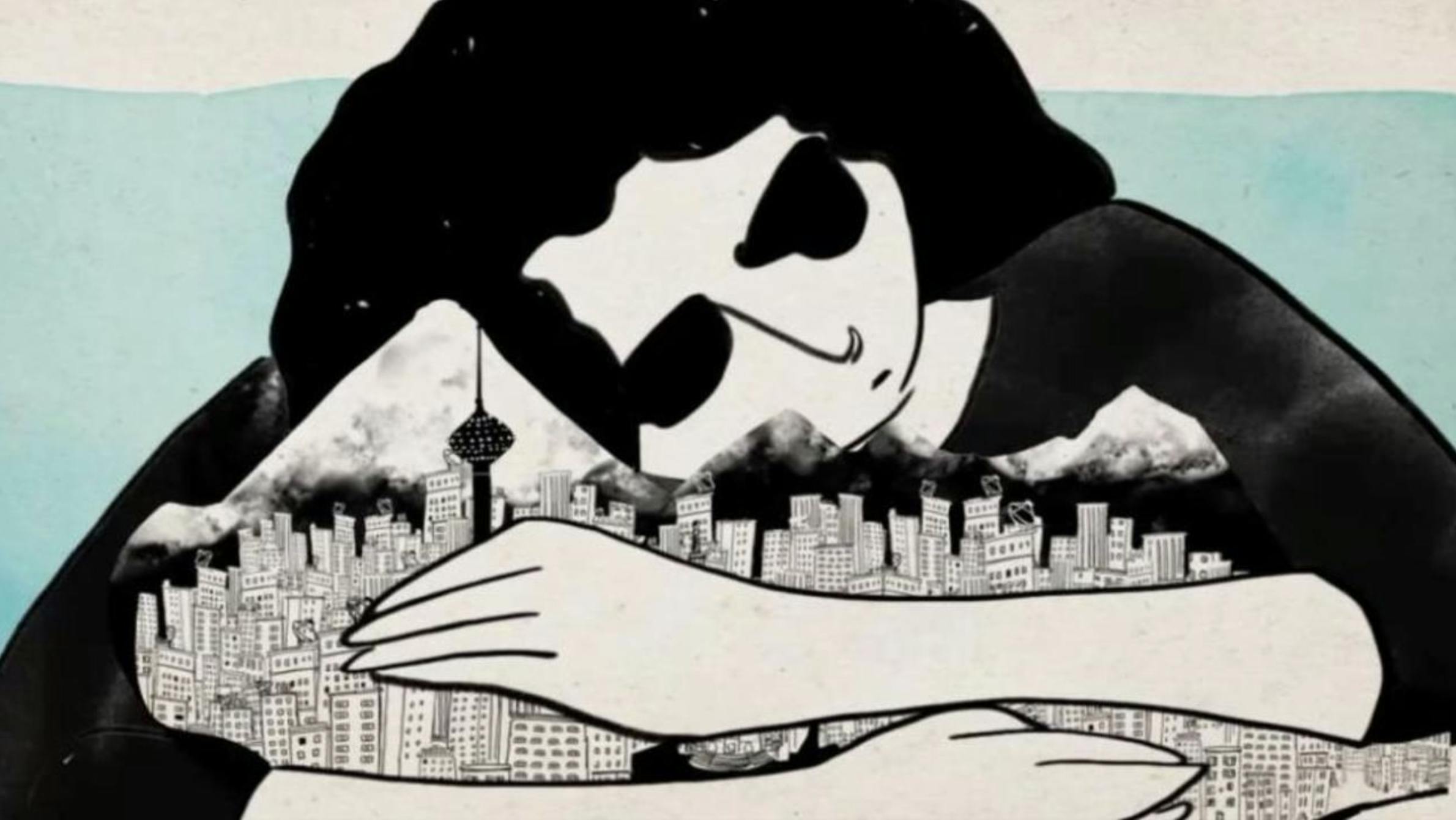A girl cradles a city in her arms.