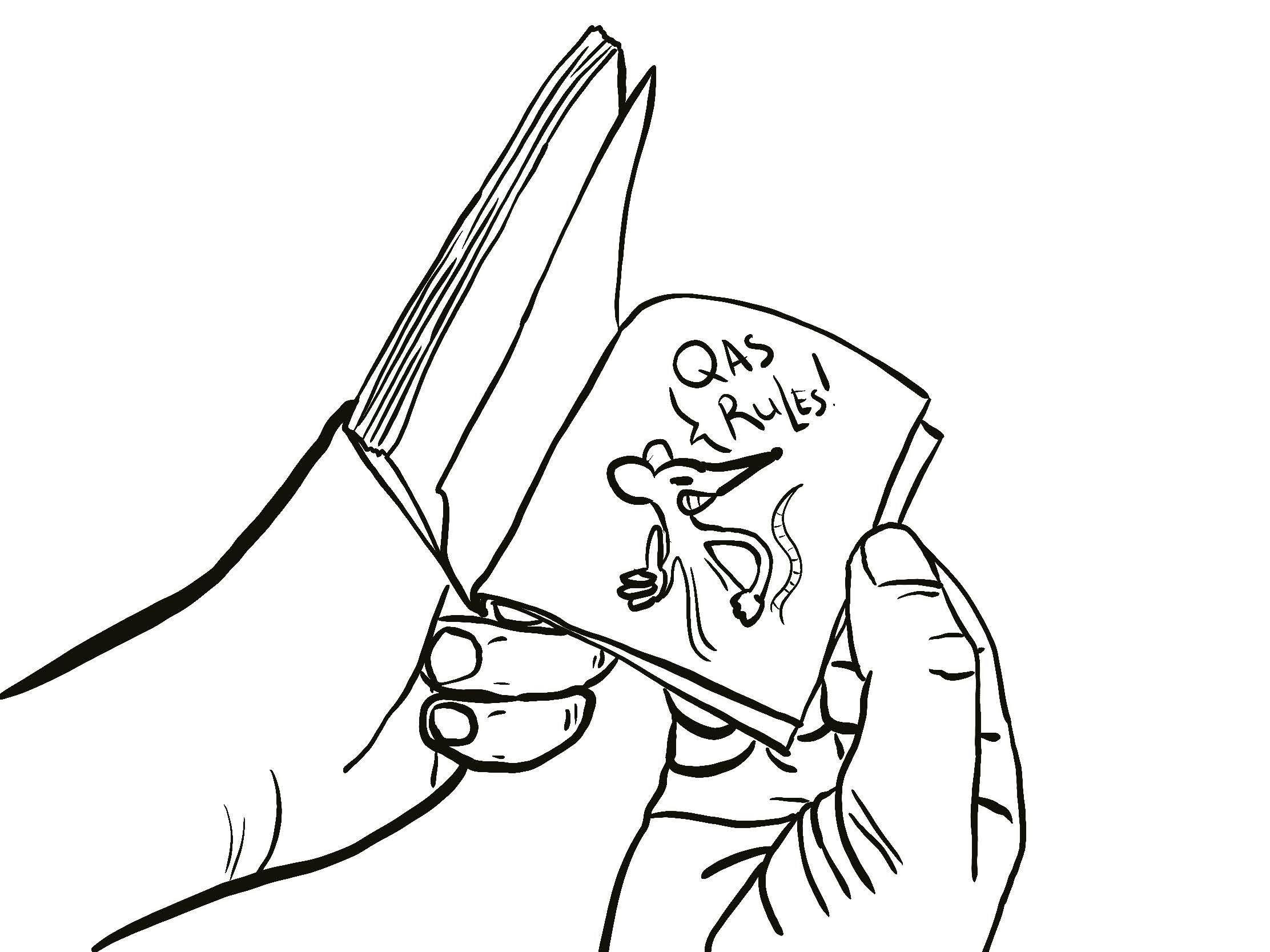 A drawing of a hand opening a flipbook. In the book is a drawing of Hamish the Rat saying "QAS Rules!"