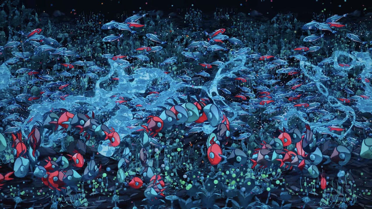 Many red and blue fish swim in a dense, intricate cluster
