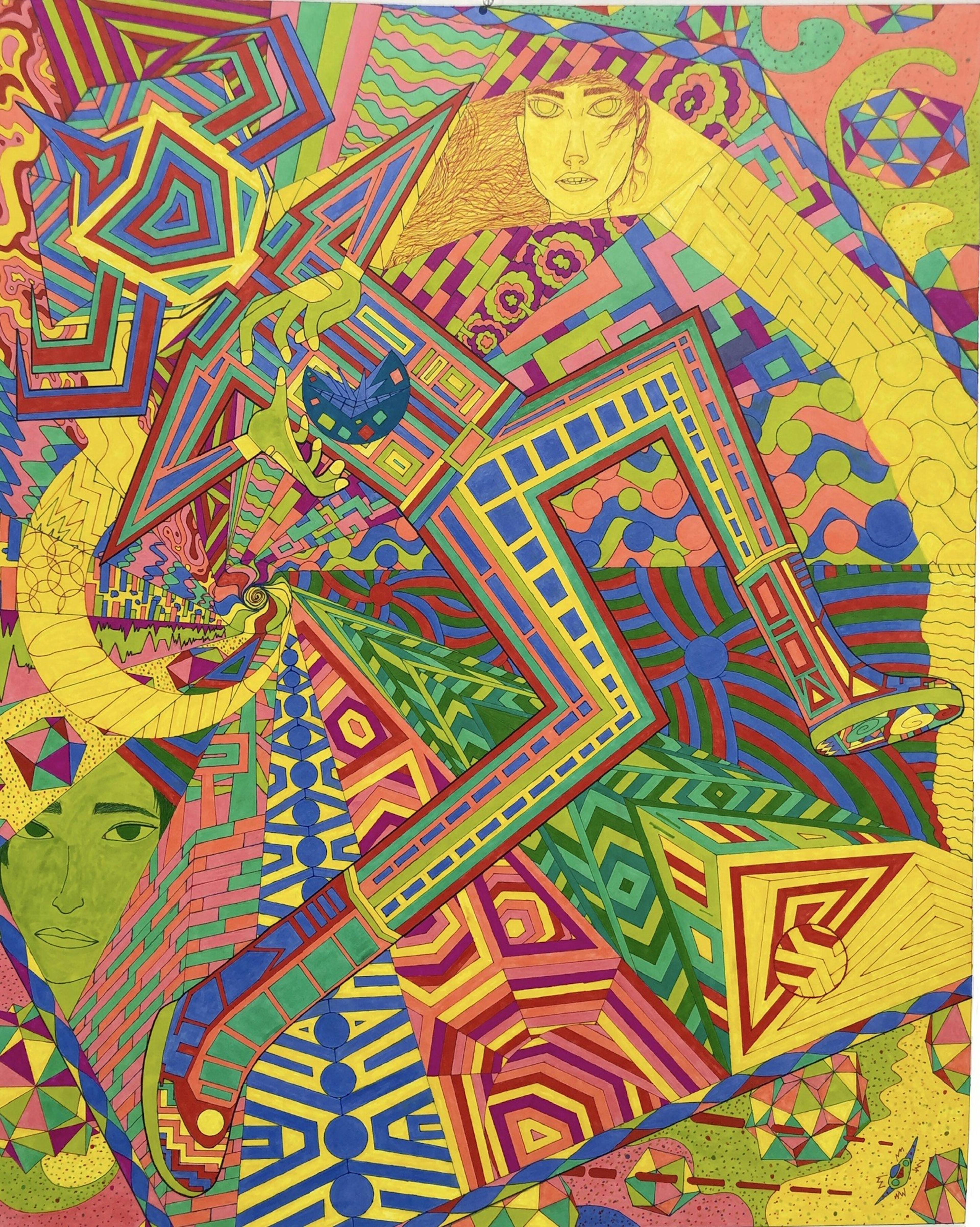coloured pencil drawing by Mide Kadiri. Most prominent colours are yellow, green and blue. Geometric shapes create an illusion of a mosaic. There is a figure within, mid-leap, and holding a sphere in their hands. A femnine face is in the corner, and the rest is a mix of geometric shapes and stripes of vibrant colour