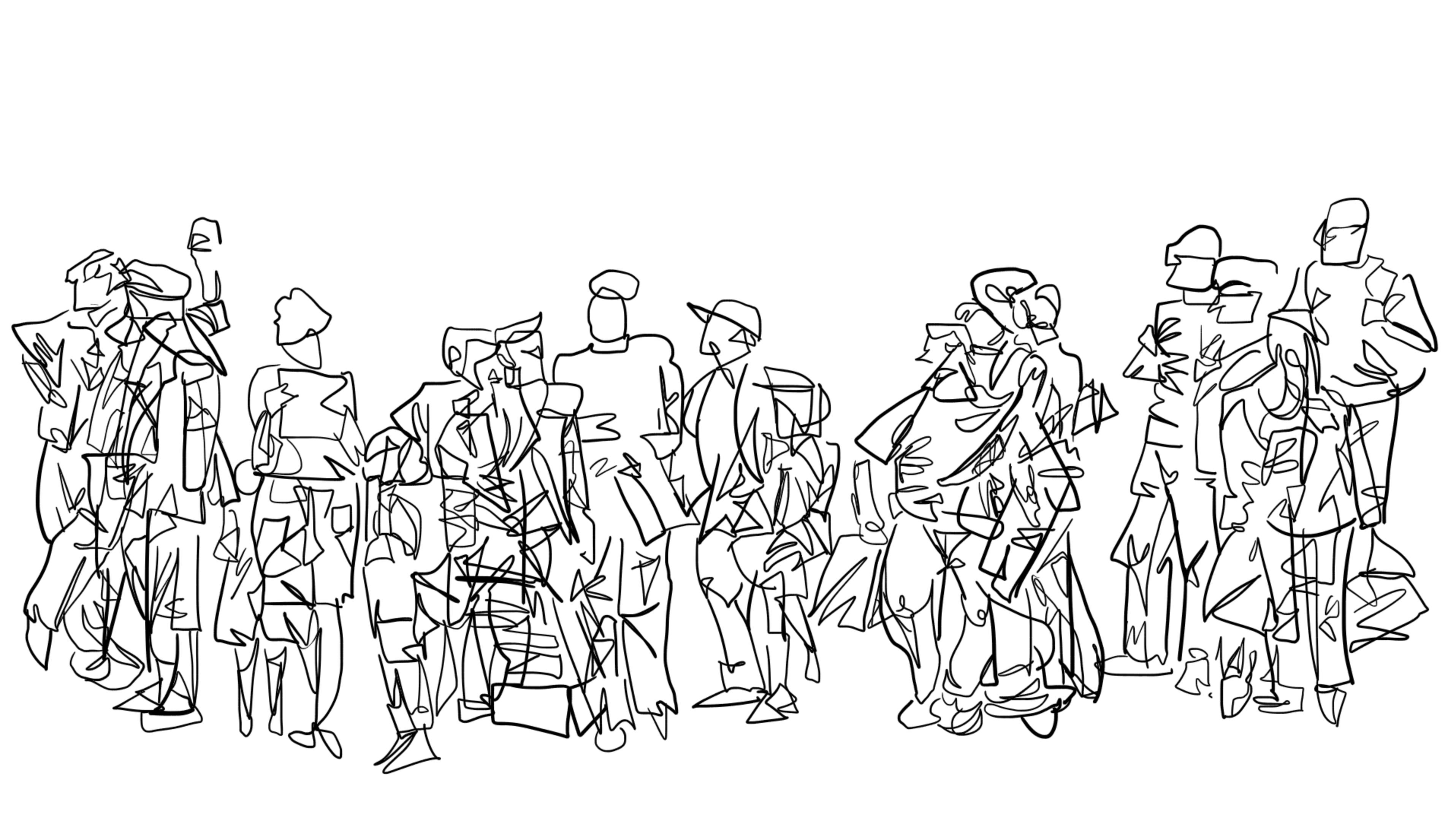 Interconnected continuous-line drawings of a crowd of people