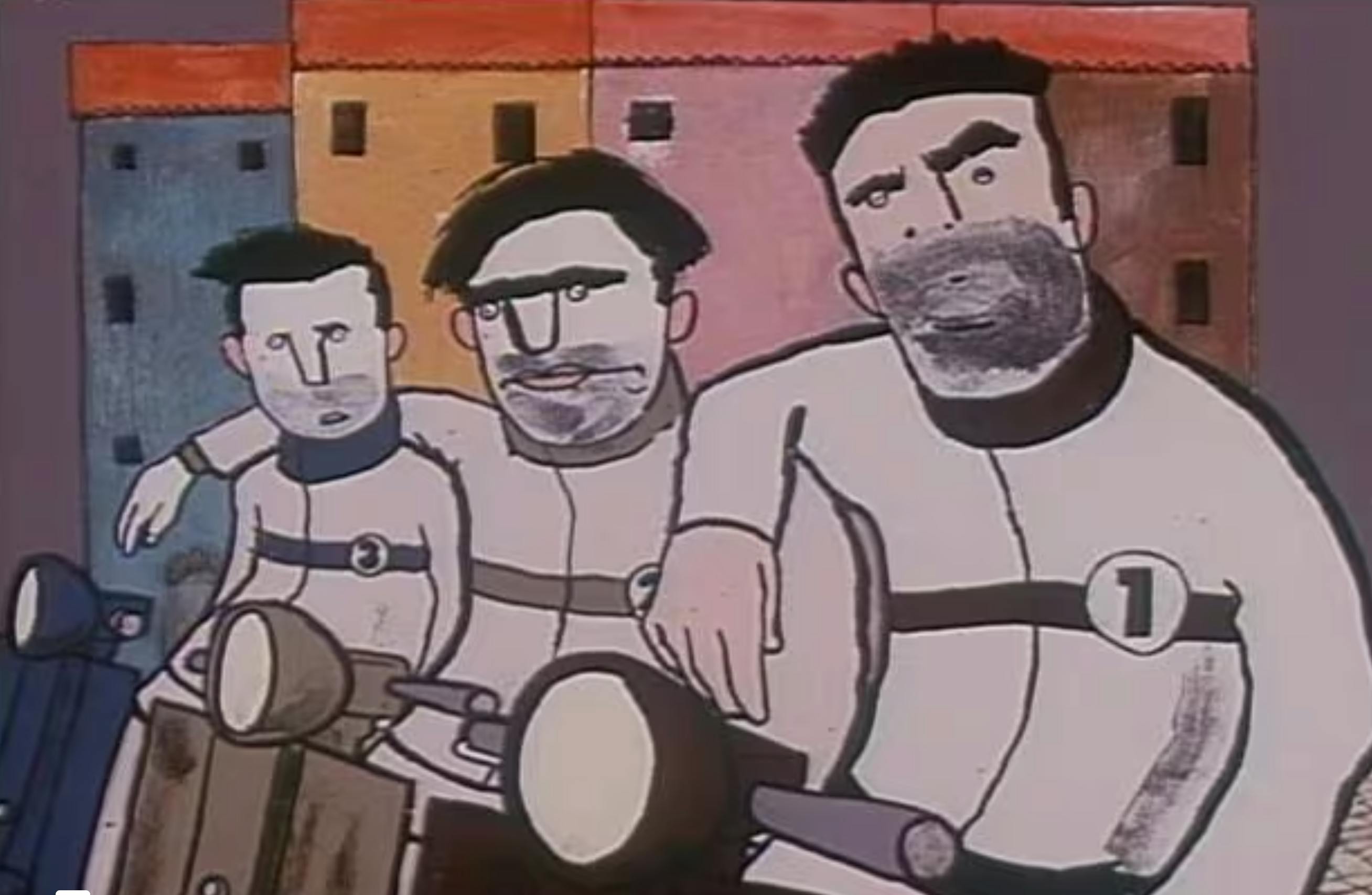 Illustration of three men sitting next to each other on motor cycles, the one on the right being closest to the camera. Each man is wearing a white jumpsuit with a black stripe across the chest, starting with "1" with the closest man until "3" on the farthest man. 
The 1 man has bushy eyebros and a 5 o'clock shadow, he's looking inquisitively to the camera. His arm is bent and resting on the second man's shoulder. The second man has a bowl cut, a unibrow and 5 o'clock shadow. His arm is around the shoulders of the third man. the Third man has short hair with a long fringe and looks confusedly at the camera