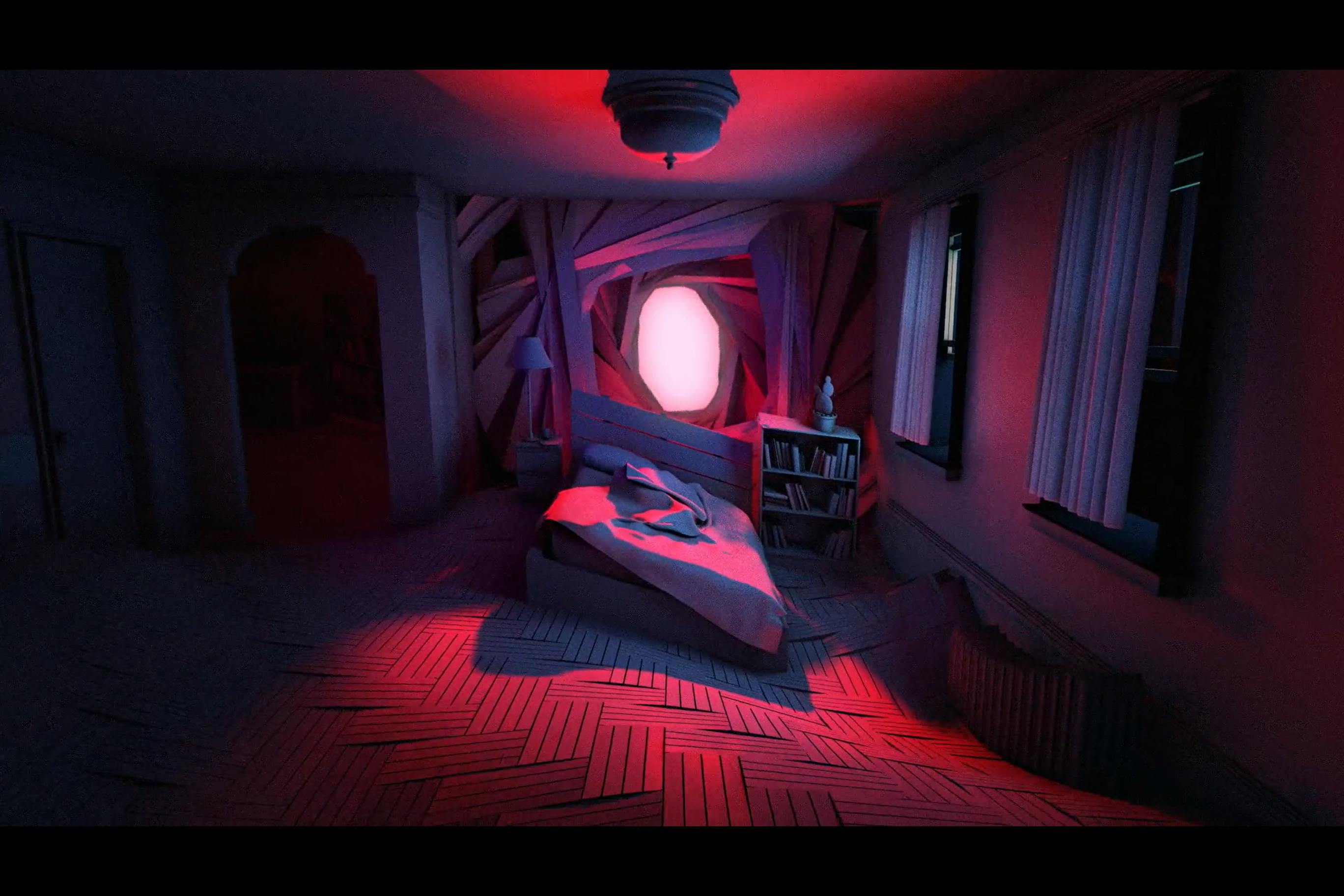 Screenshot from Andy Kennedy's Slow Wave (2016). Image is of a warped bedroom, looking at the bed on a tilt, wiht a night stand next to it. There are two windows on the right wall and a light above the bed. There is a portal directly above the headboard of the bed radiating a bright neon pink that douses the room with its light.
