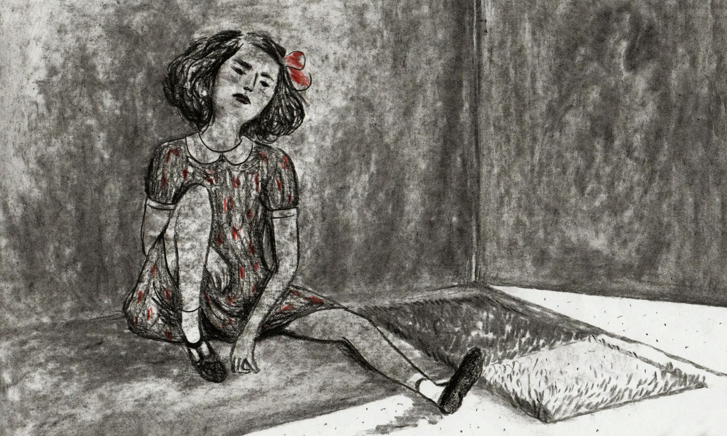 A young girl sits sulkily in a shadowy corner.