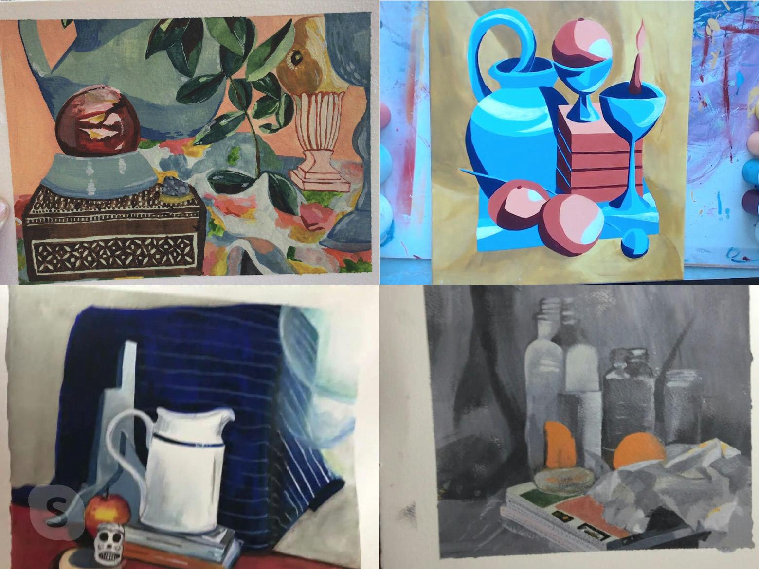 Four still life images created in an online drawing session