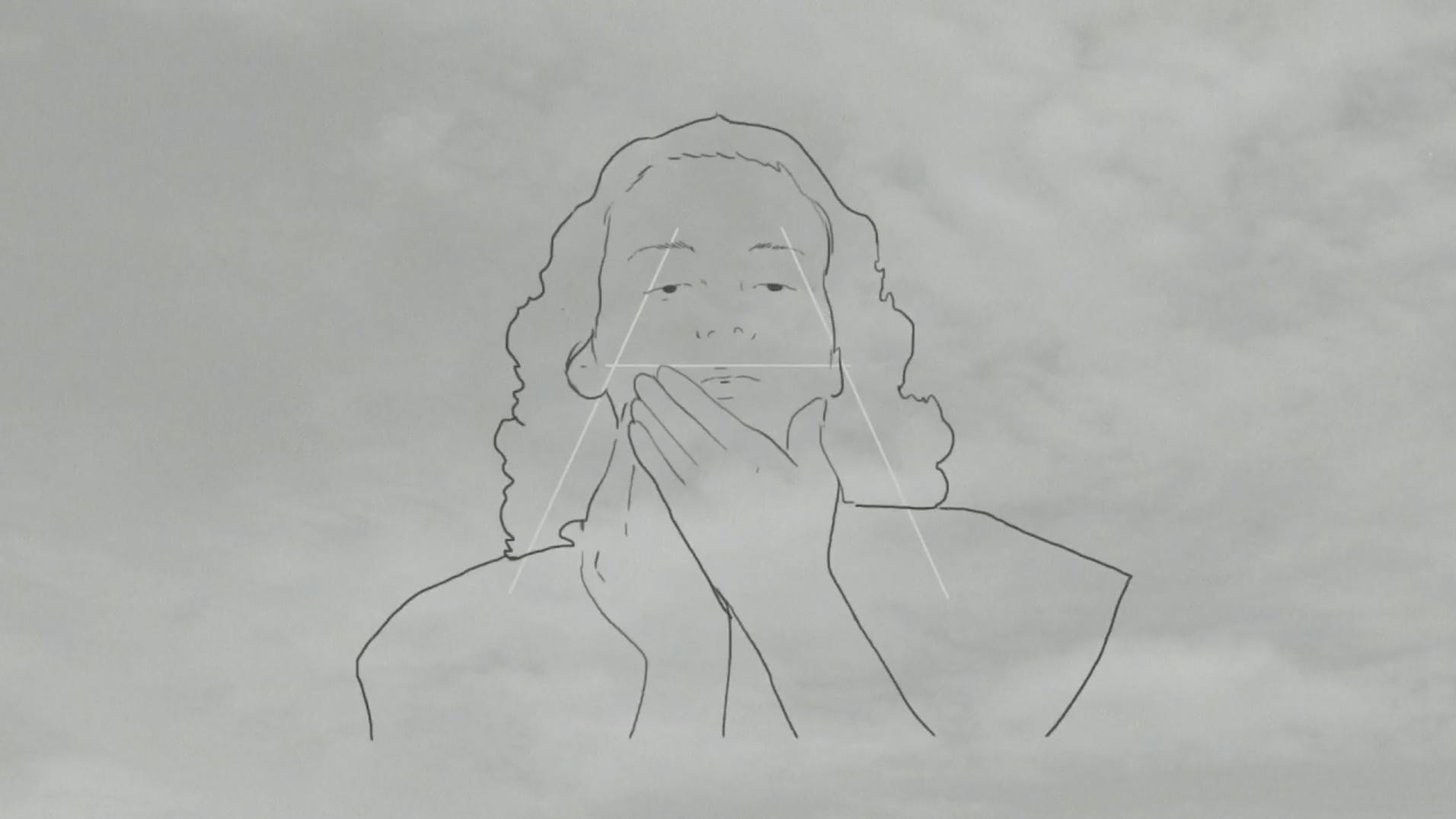 A line drawing of a woman touching her face against a background of clouds