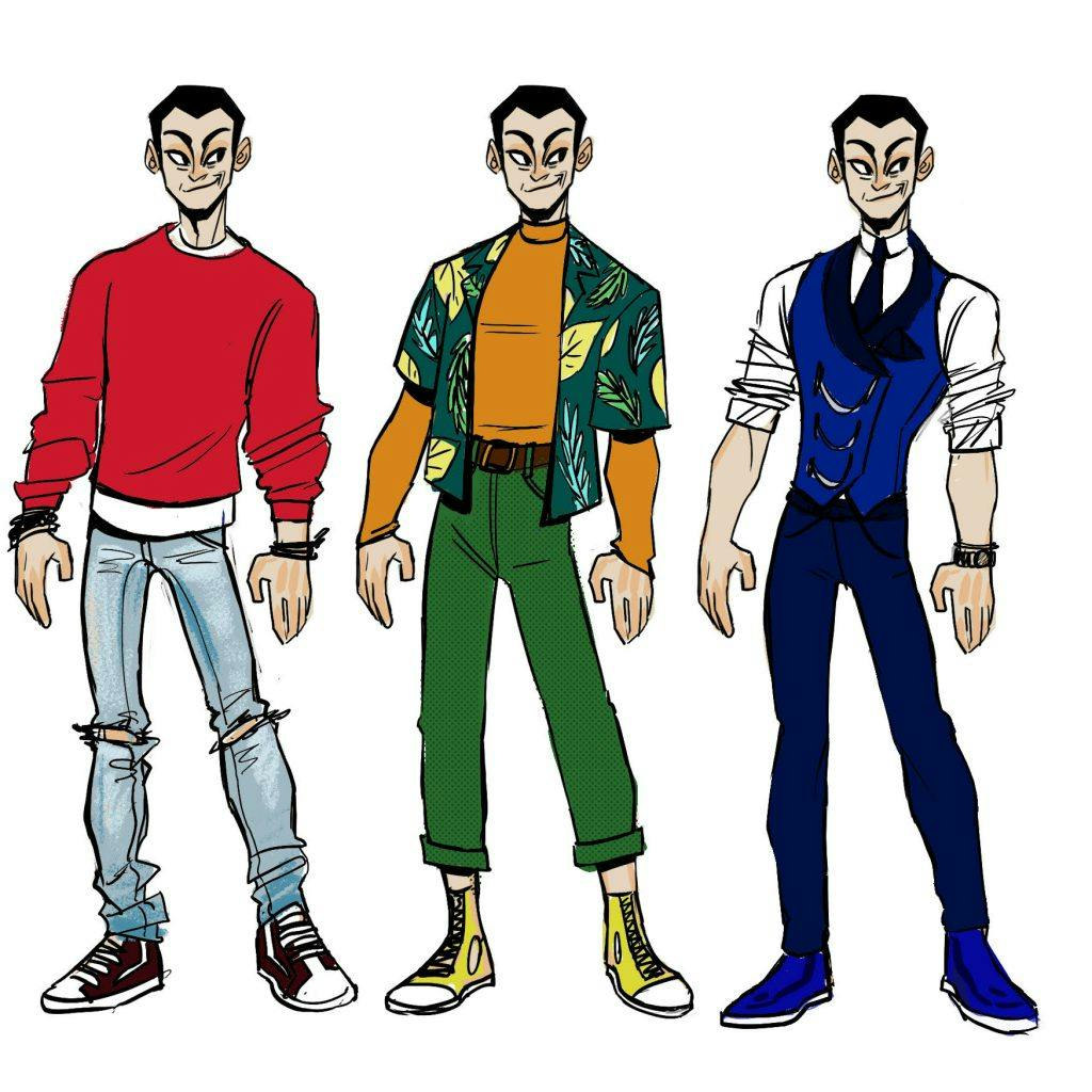 Illustration by MLE: a repeated image of a male character dressed in three different outfits