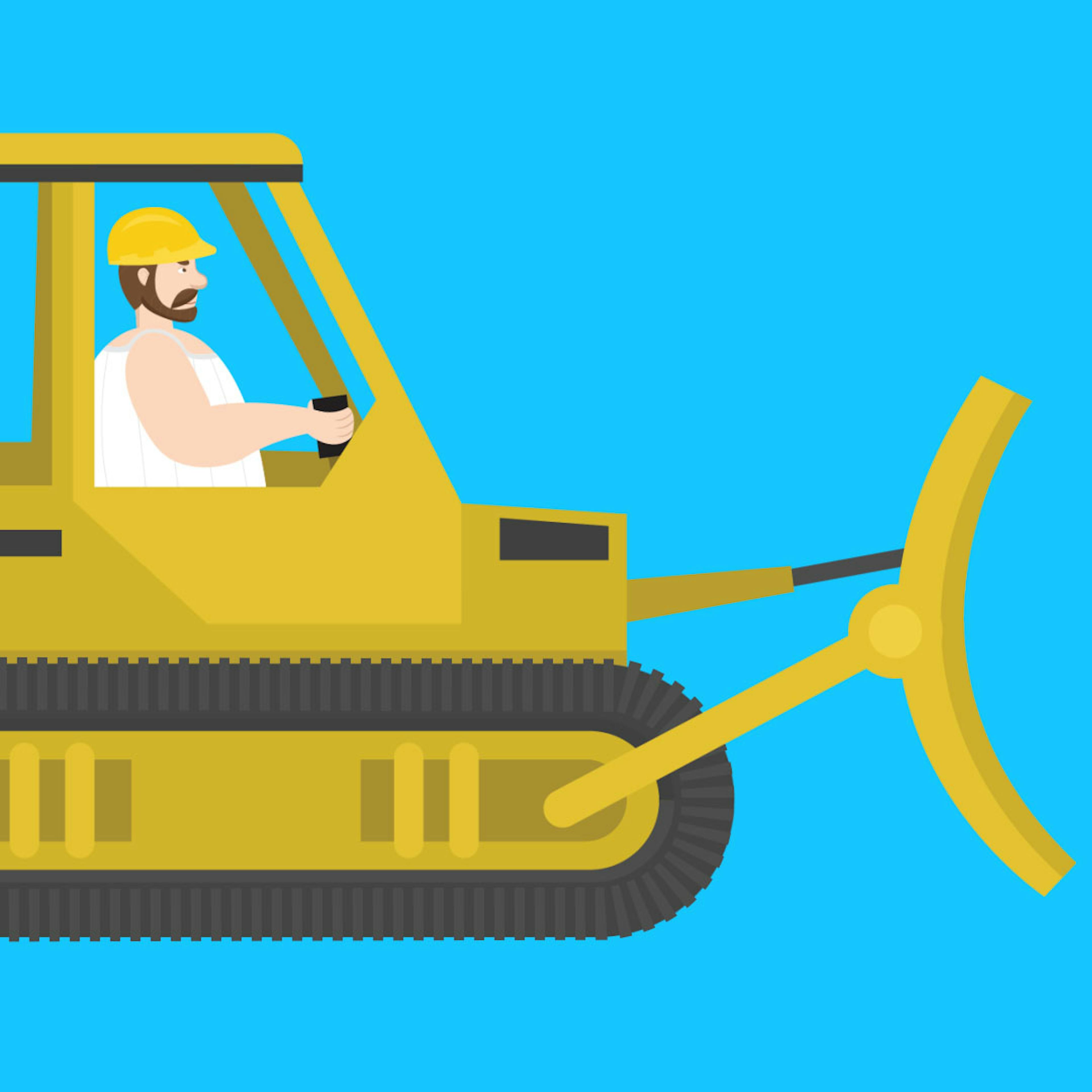 A bearded man in a tank top and hard hat drives a bulldozer