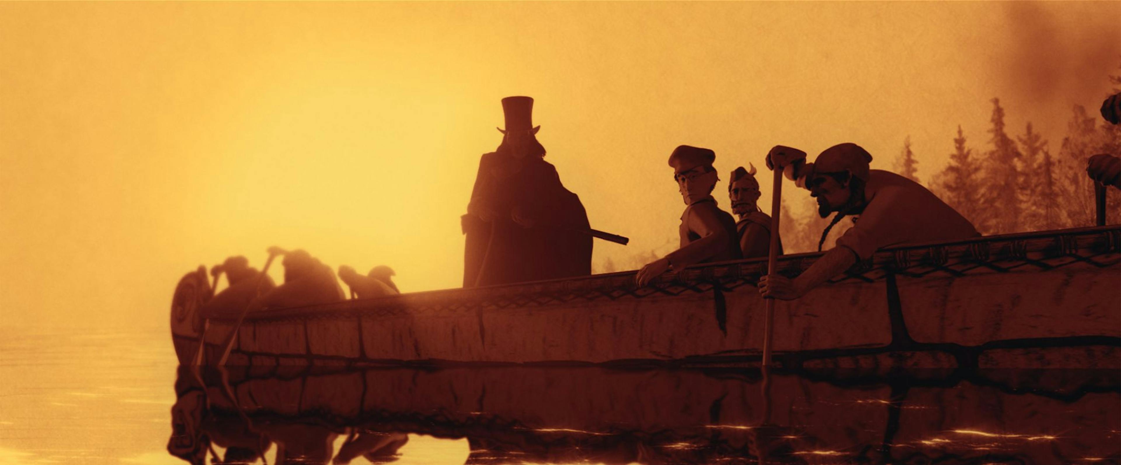A sepia-toned image of a group of men on a canoe in a river. One man is wearing a top hat and is standing up in the canoe, brandishing a shotgun