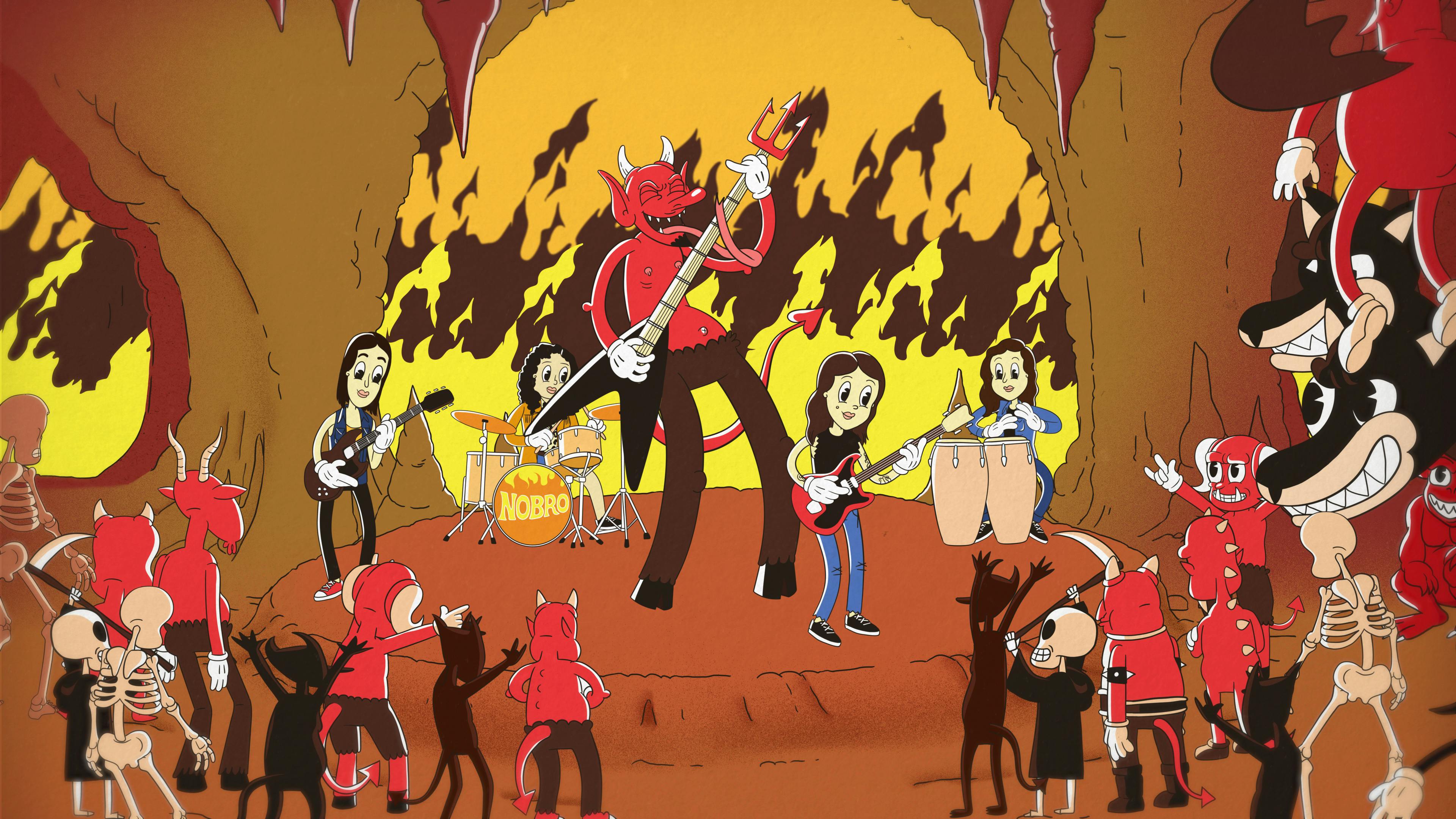 The band Nobro jams in Hell with the devil on guitar and an audience of skeletons and demons