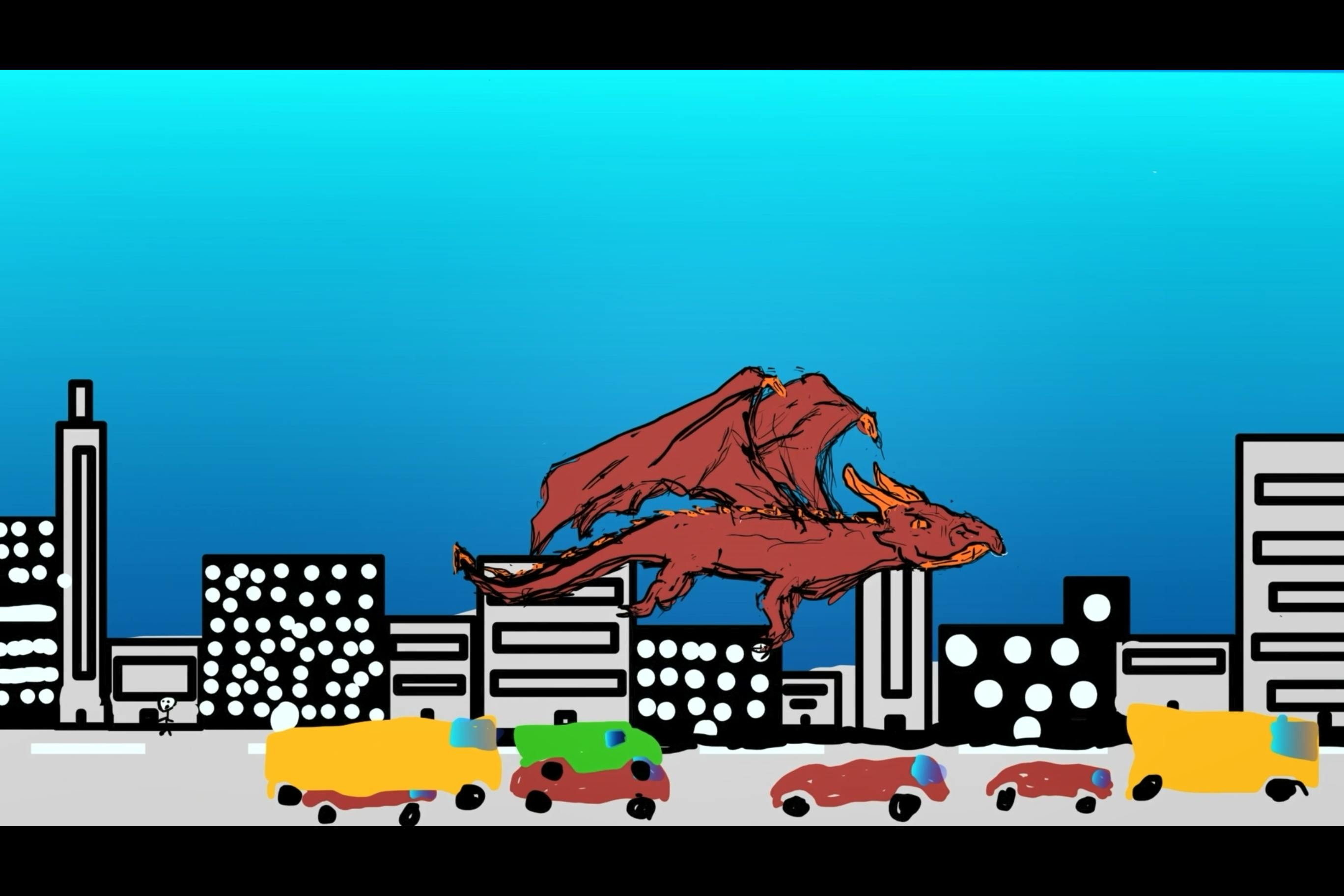 an illustration on Toon Boom of a red dragon flying through a city with cars. 