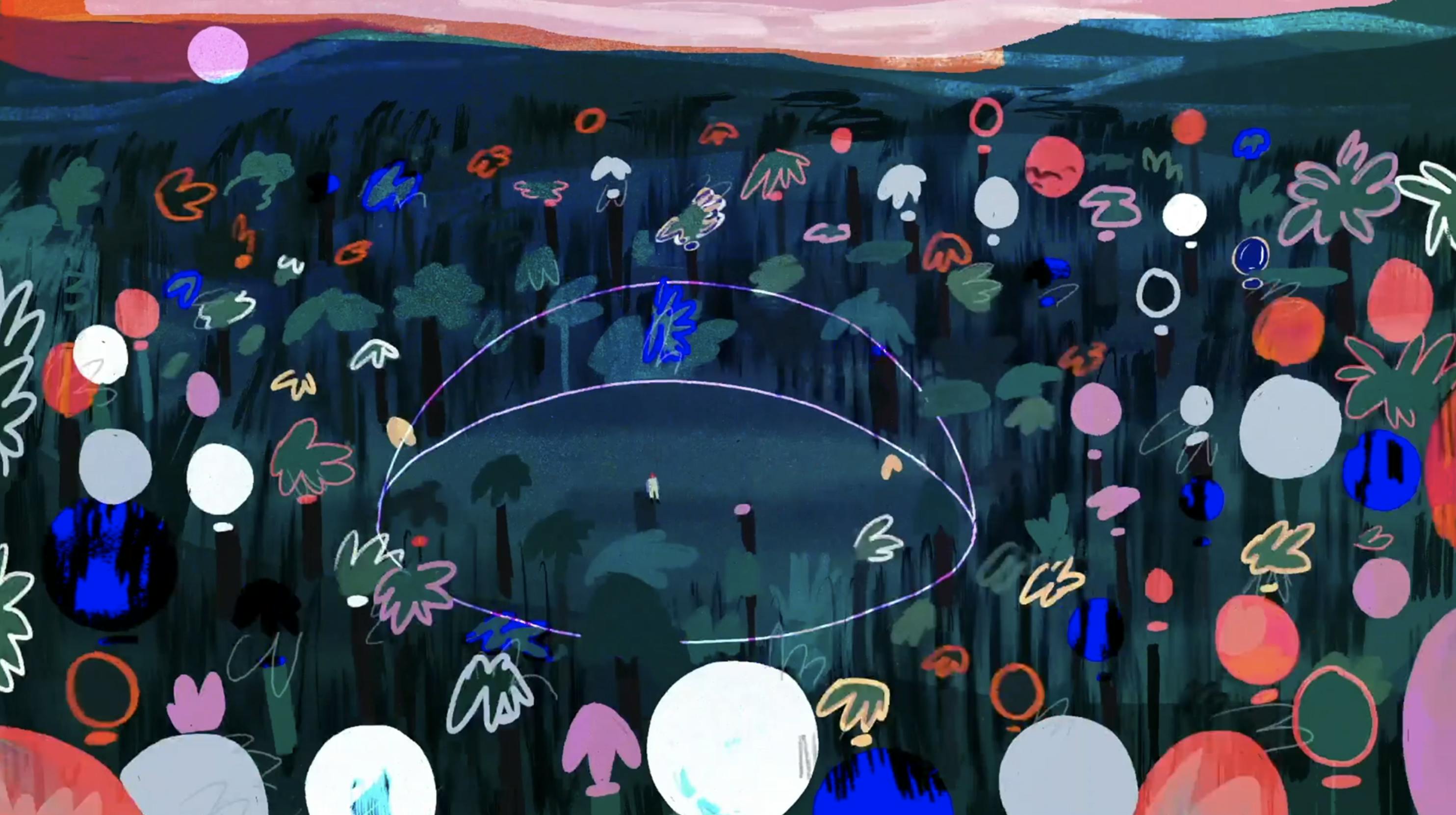 A person stands in the centre of a transparent dome in the midst of a large, colourful forest.