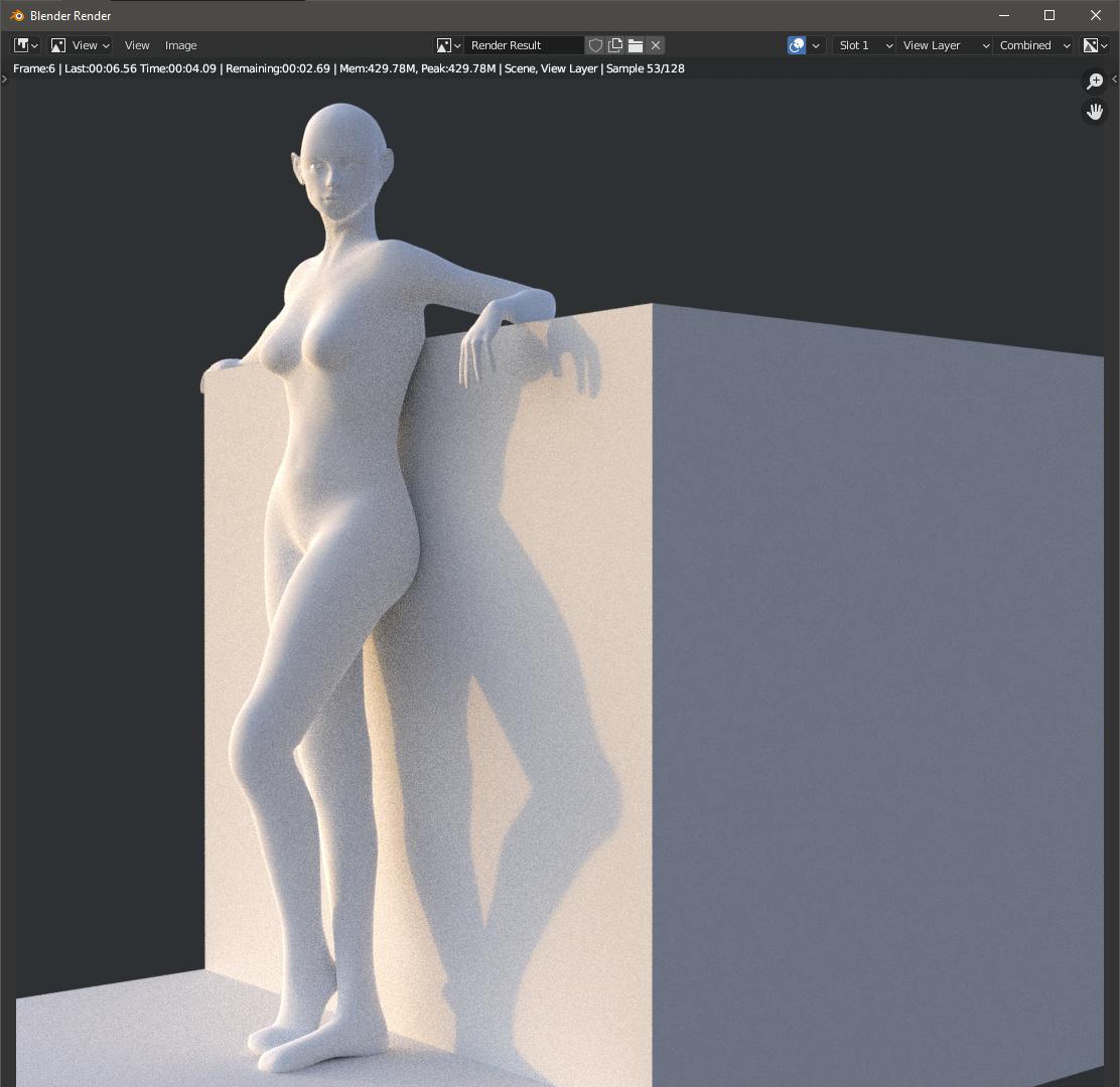 Render shot of a modelled and rigged figure leaning against a surface.