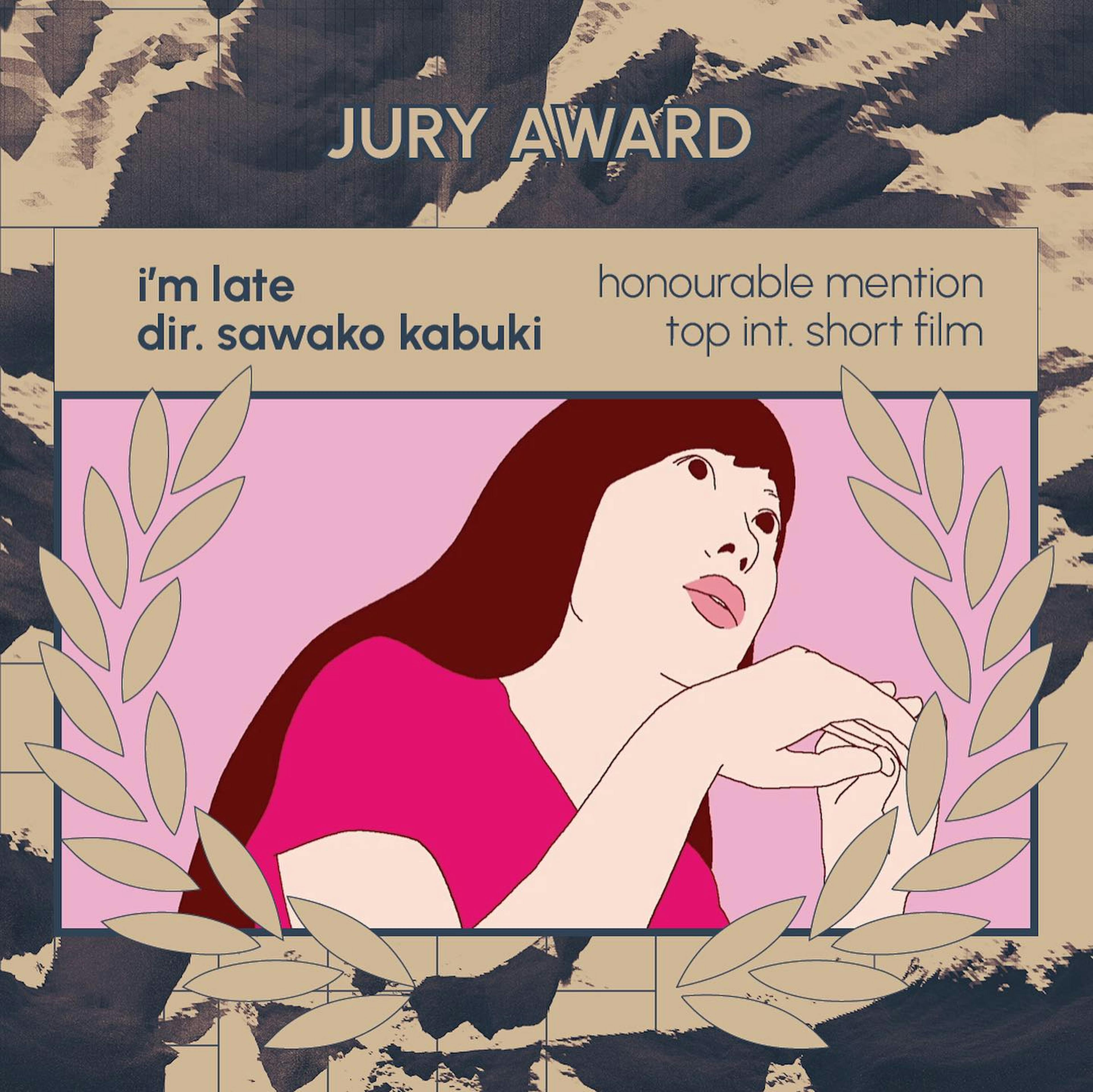 jury award giraf19
honourable mention top int. short film
i'm late
dir. sawako kabuki

screenshot shows a woman looking to the top right of the frame. She has long hair and is wearing a pink t shirt