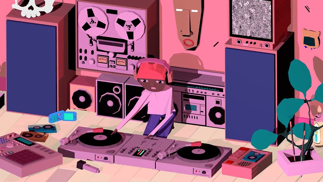 A DJ surrounded by various gear—turntables, tape decks, drum machines and speakers.