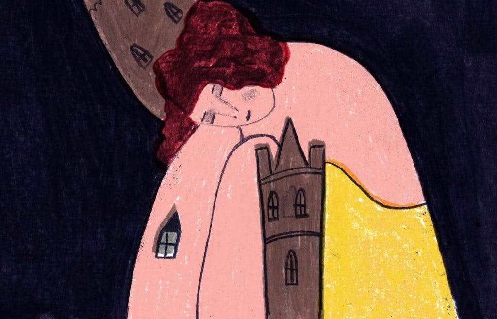 Pastel drawing of a woman figure morphing into a castle