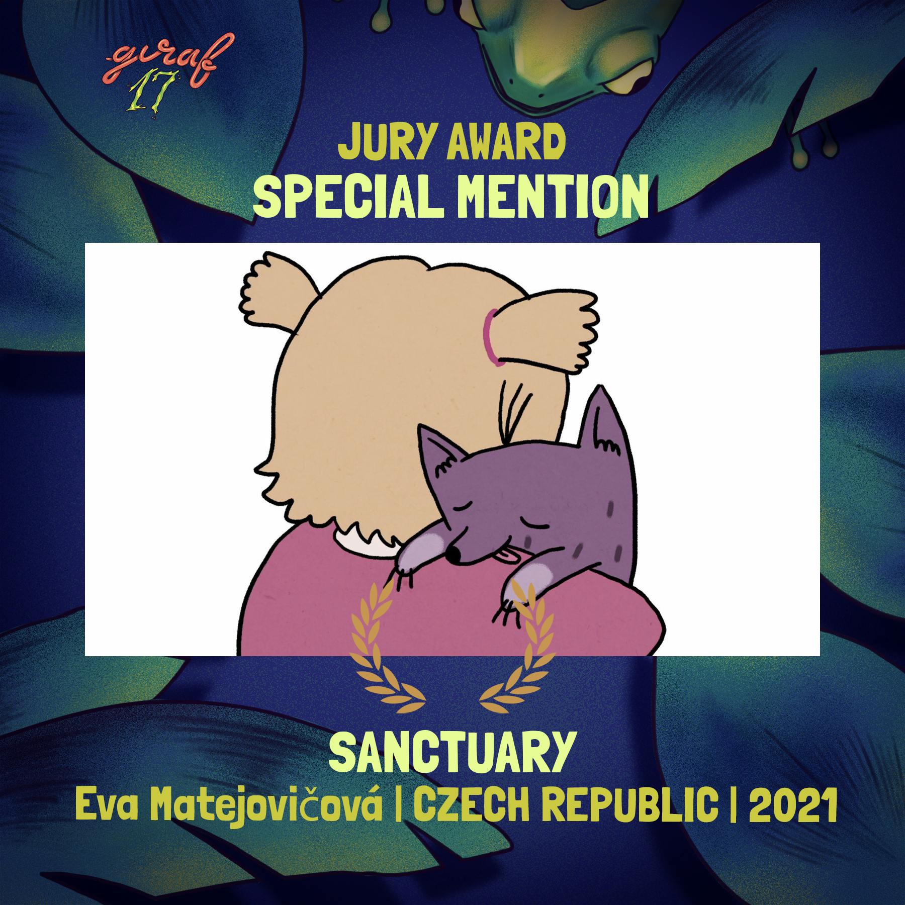 A child cuddles a happy dog. Surrounding text: GIRAF17 Jury Award; Special Mention; Sanctuary; Eva Matejovičová; Czech Republic; 2021