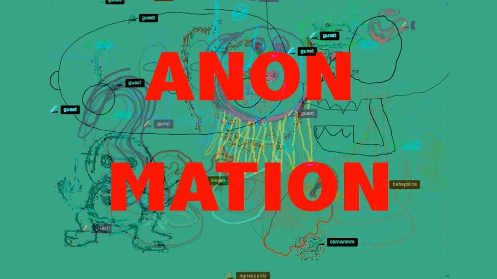 screenshot of the title screen for Caleb Wood's "ANON MATION". The background is green, and there are various scribbles with small tags for "guest" around the screen