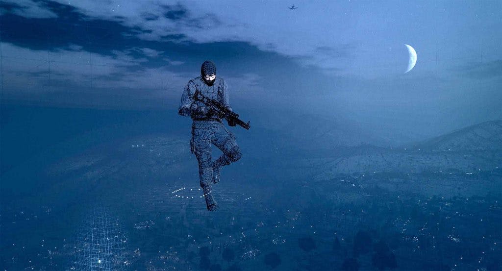 A sniper floats high in the air above a city during nighttime. 