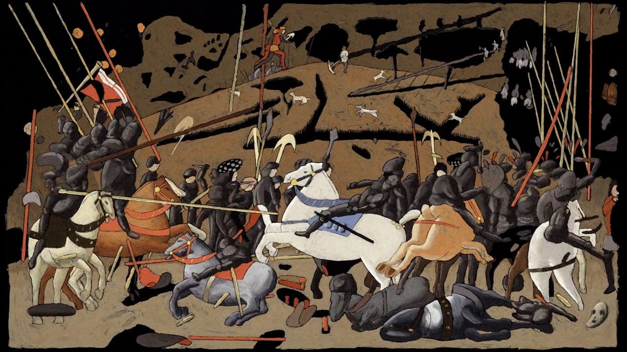 Knights on horseback clash in battle in an adaptation of Paolo Uccello's 15th century painting.